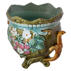 Antique Onnaing Majolica Jardinière Bowl with Strawberry Accents
