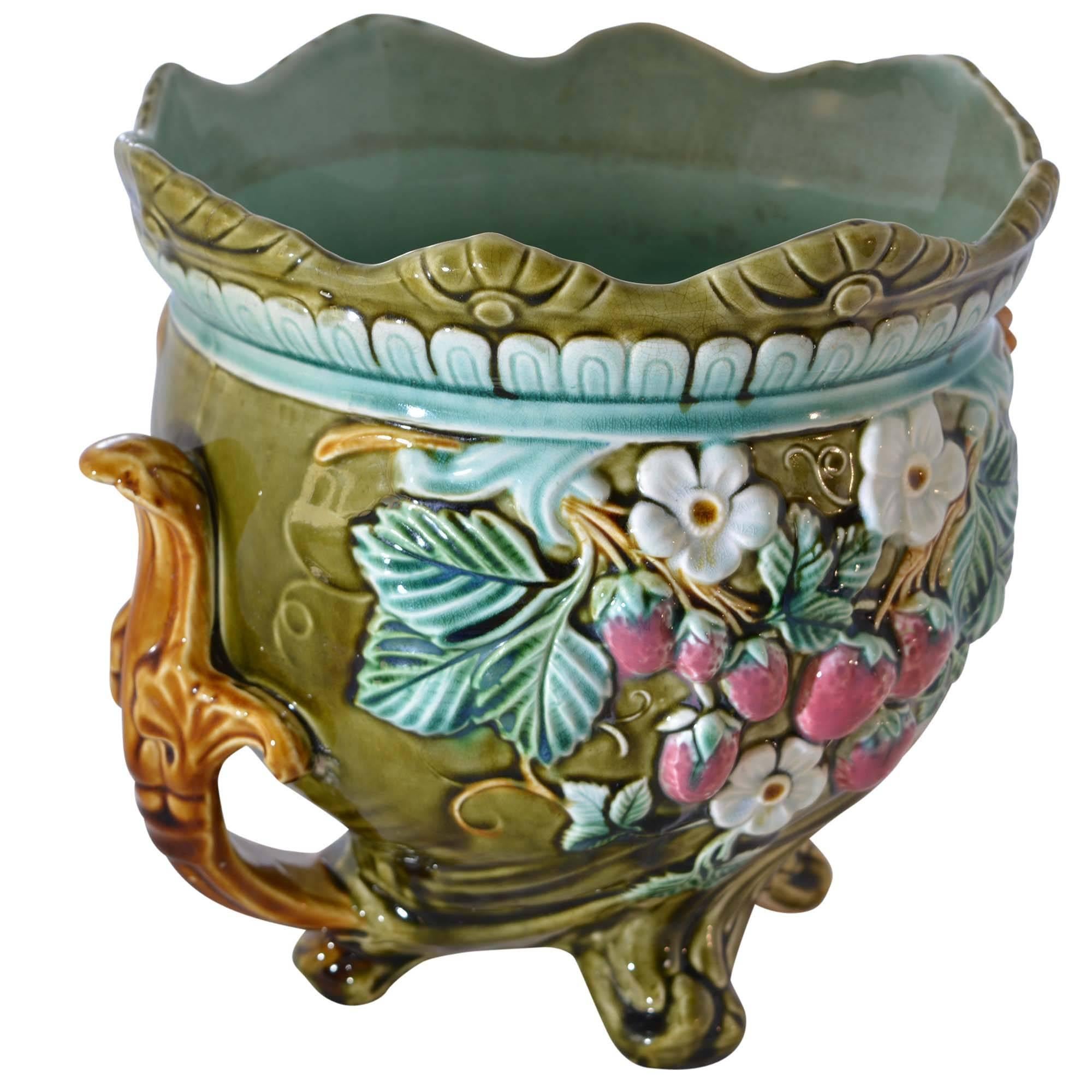 Antique Onnaing Majolica Jardinière Bowl with Strawberry Accents For Sale