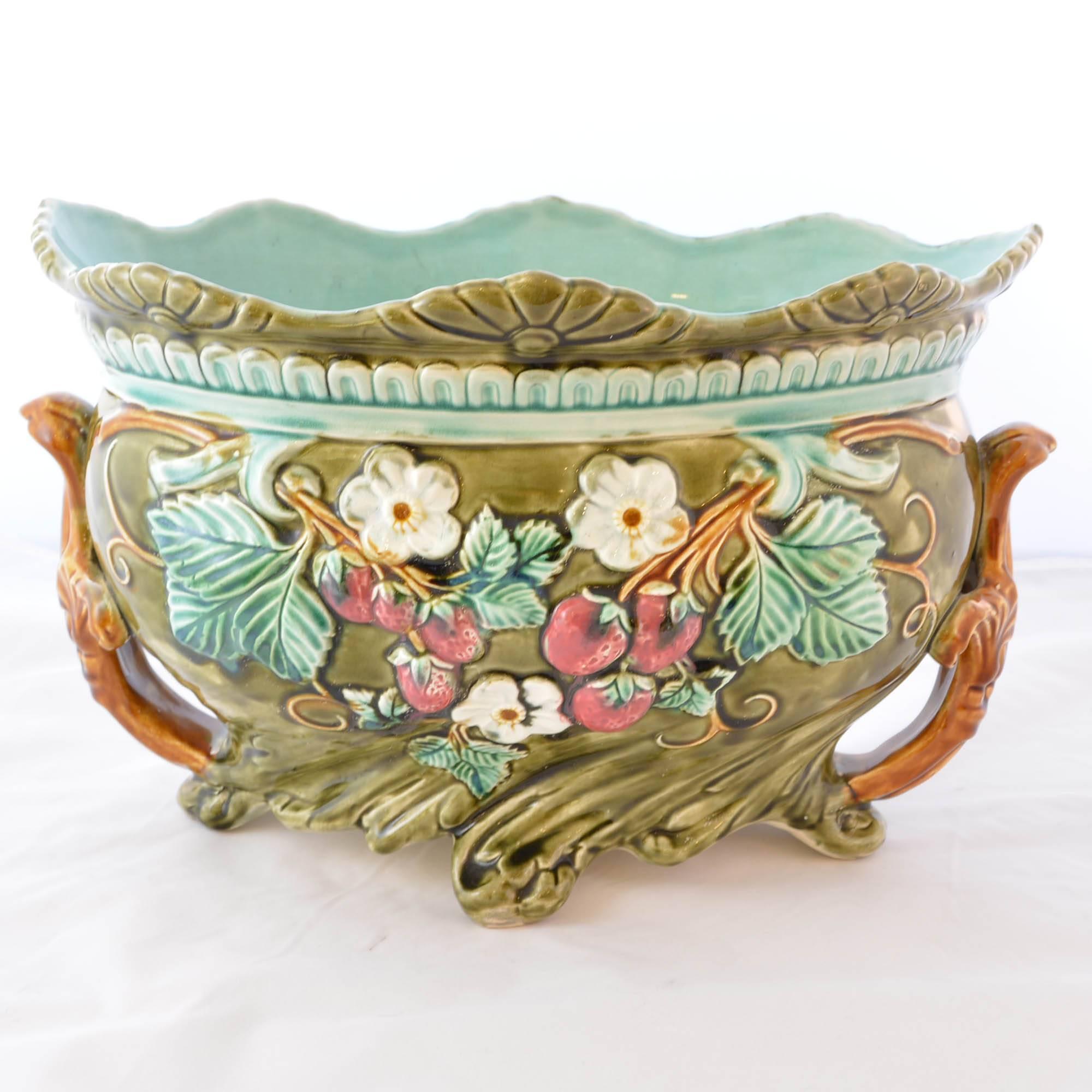 French Antique Onnaing Majolica Jardiniere Urn with Strawberry Accents