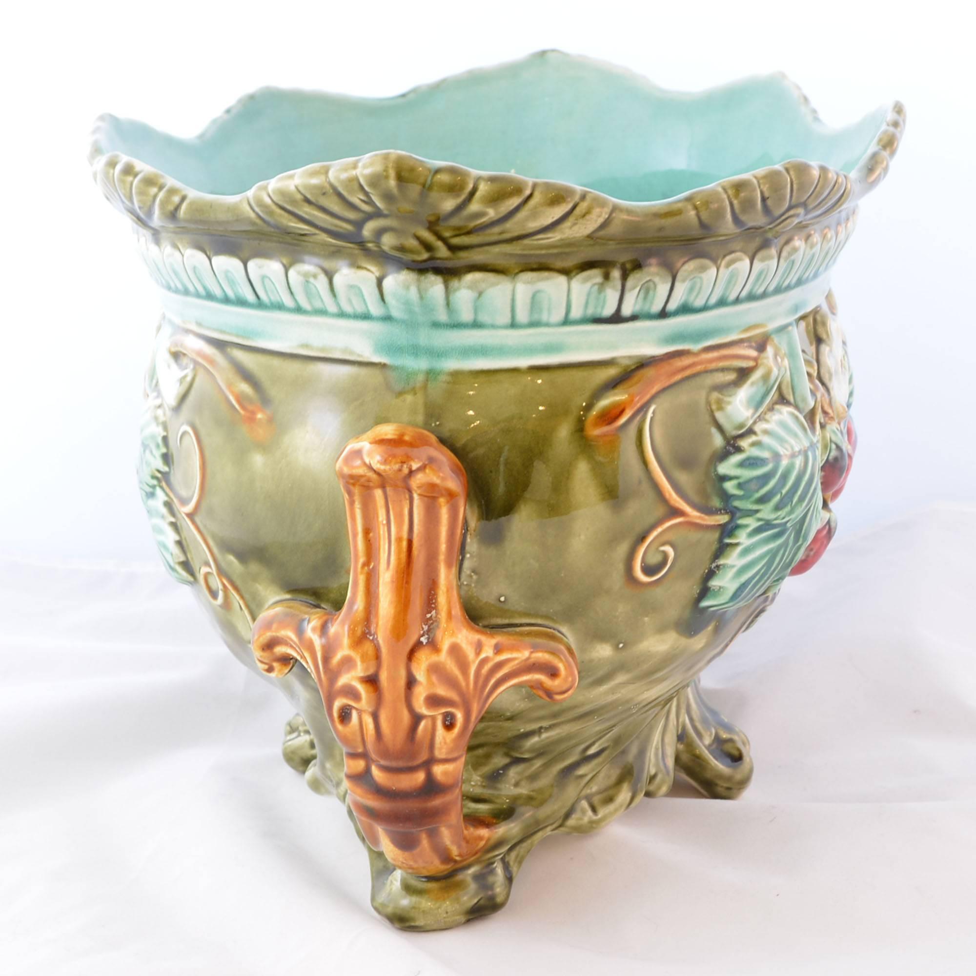 20th Century Antique Onnaing Majolica Jardiniere Urn with Strawberry Accents
