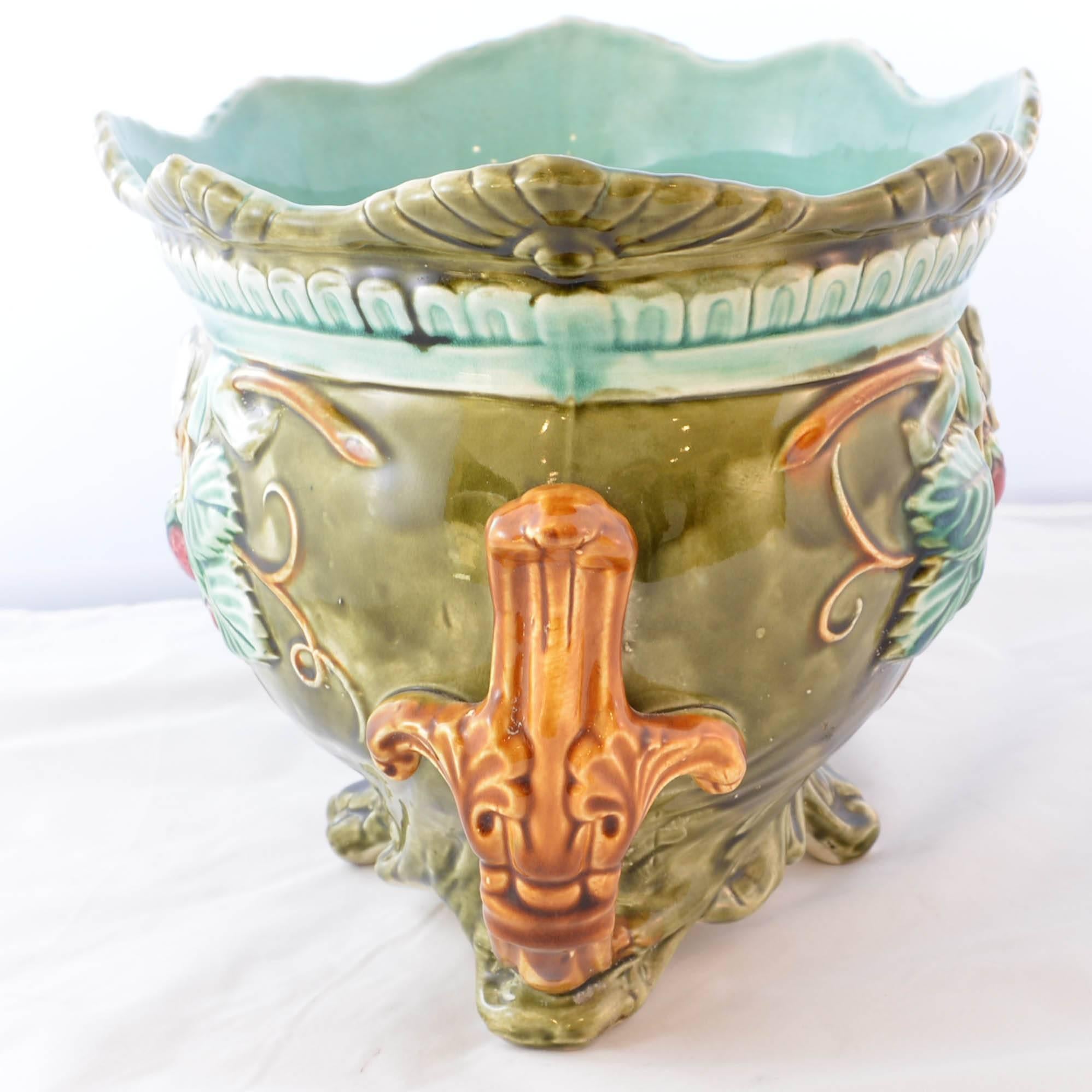 Clay Antique Onnaing Majolica Jardiniere Urn with Strawberry Accents