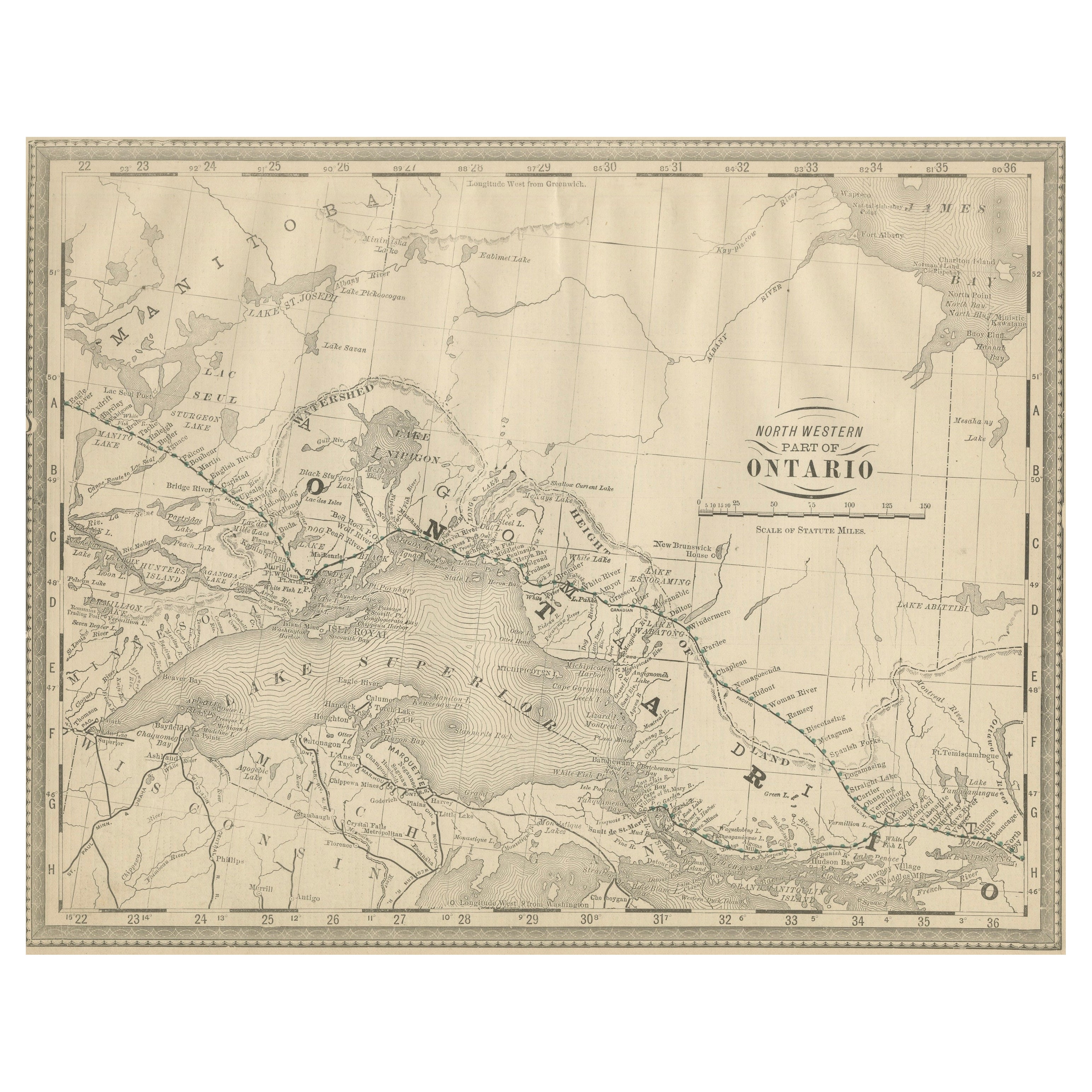 Mapa antiguo de Ontario - Lago Superior y Norte de Ontario, ca.1888 en venta