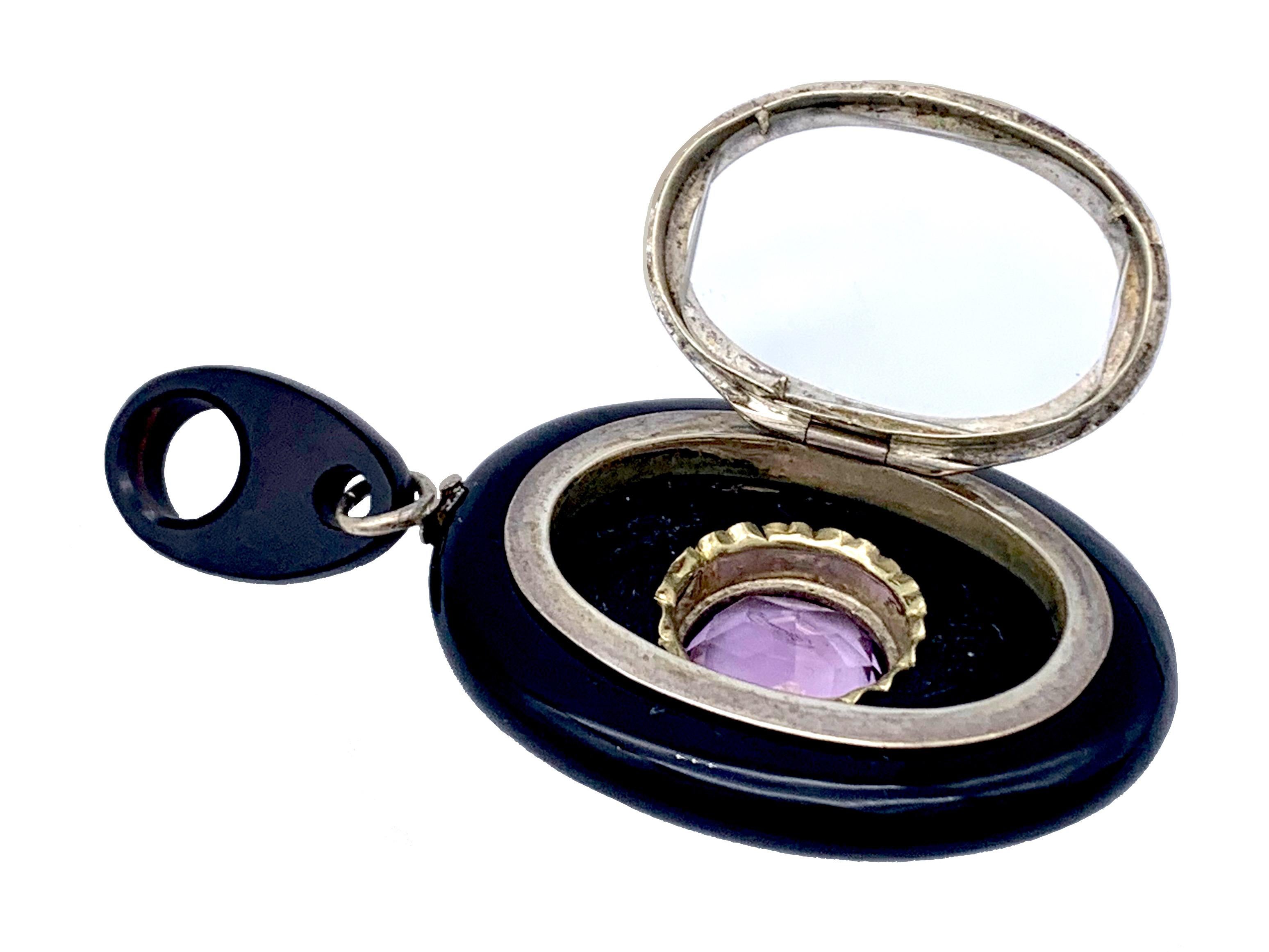 Round Cut Antique 1875 Onyx Amethyst Silver Glas Locket Pendant For Sale