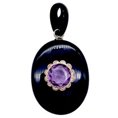 Vintage 1875 Onyx Amethyst Silver Glas Locket Pendant