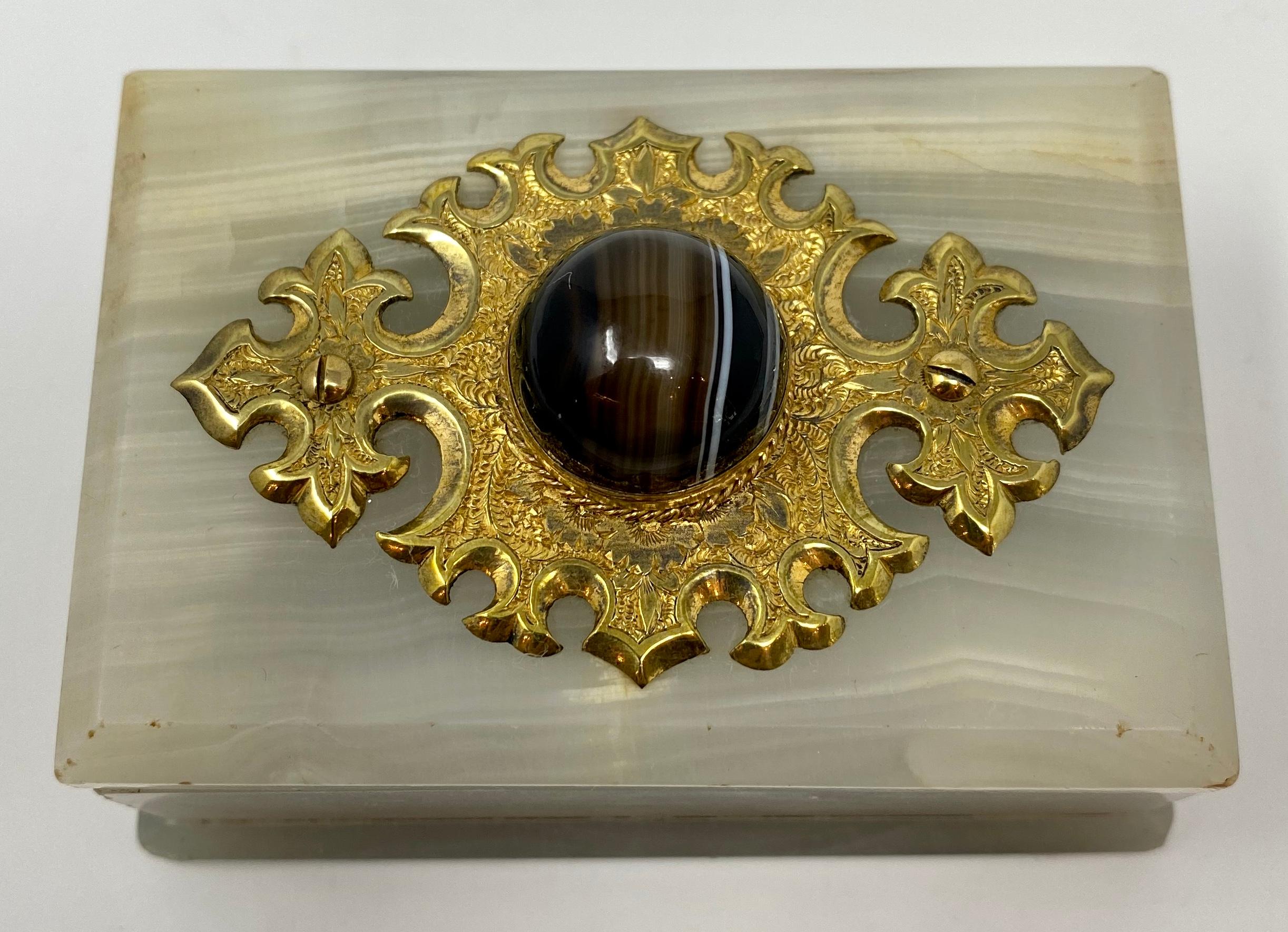 English Antique Onyx and Bronze D'Ore Jewel Box Mounted with Banded Agate, circa 1890s