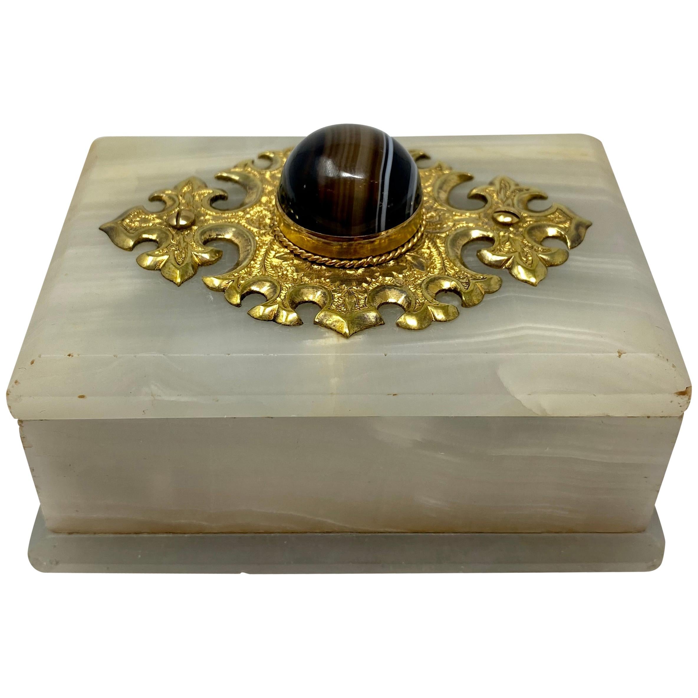 Antique Onyx and Bronze D'Ore Jewel Box Mounted with Banded Agate, circa 1890s