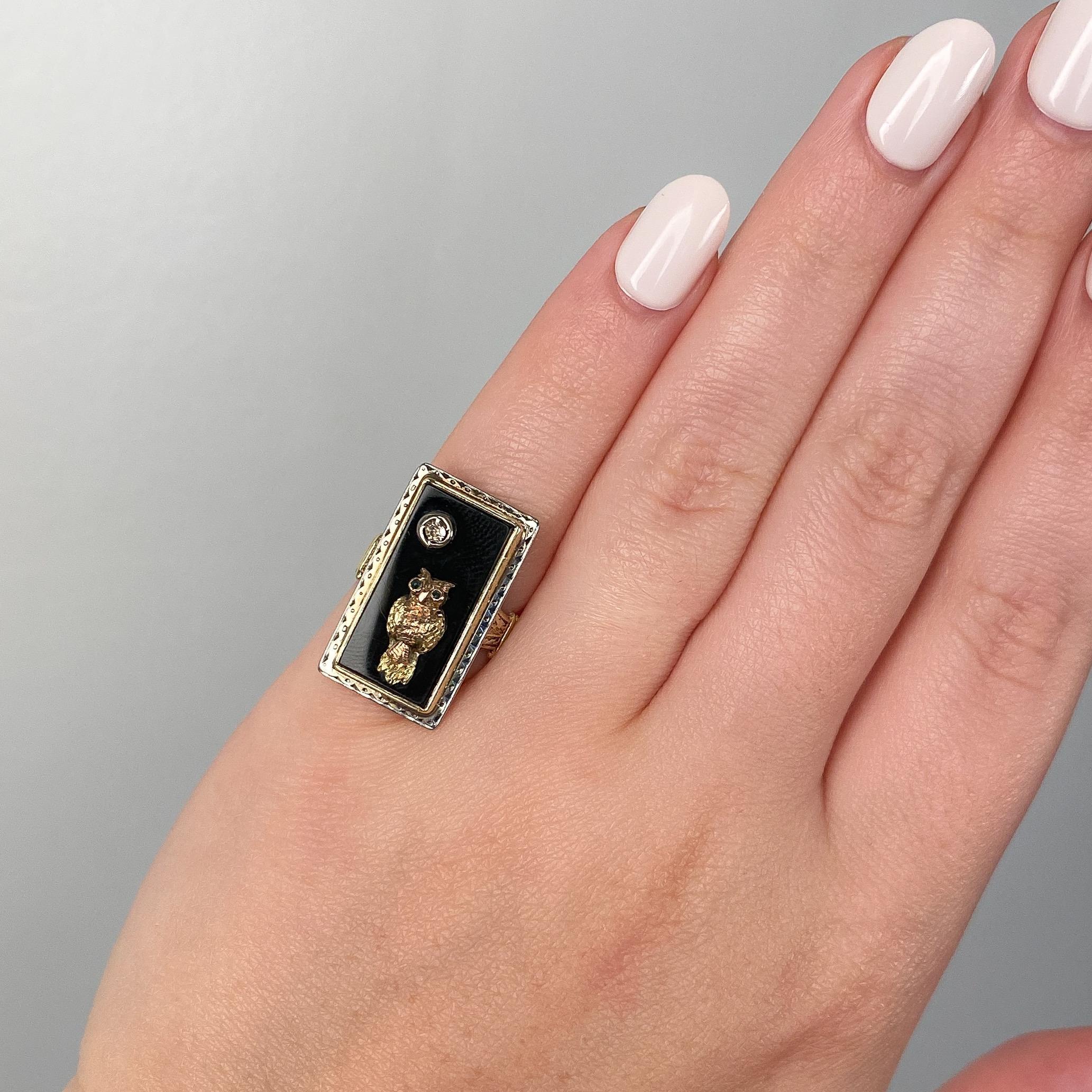 Anello gufo antico in onice e diamanti in oro 10k e 14k in vendita 1