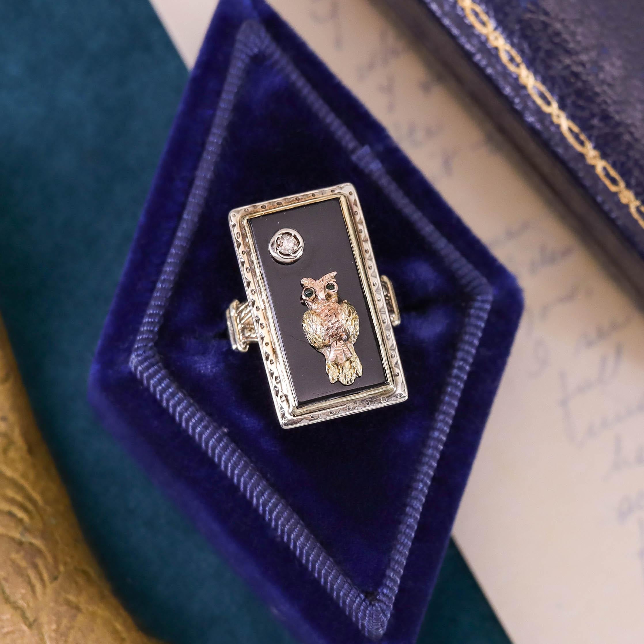 Anello gufo antico in onice e diamanti in oro 10k e 14k in vendita 2