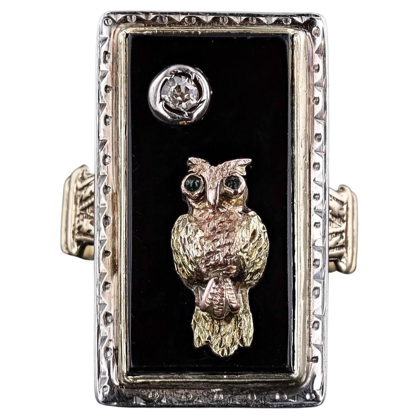 Anello gufo antico in onice e diamanti in oro 10k e 14k in vendita