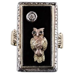 Antique Onyx and Diamond Owl Ring of 10k & 14k Gold