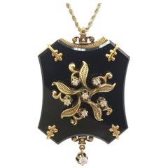 Antique Onyx and Diamond Pin / Pendant, 14 Karat Yellow Gold ‘Chain Separate’