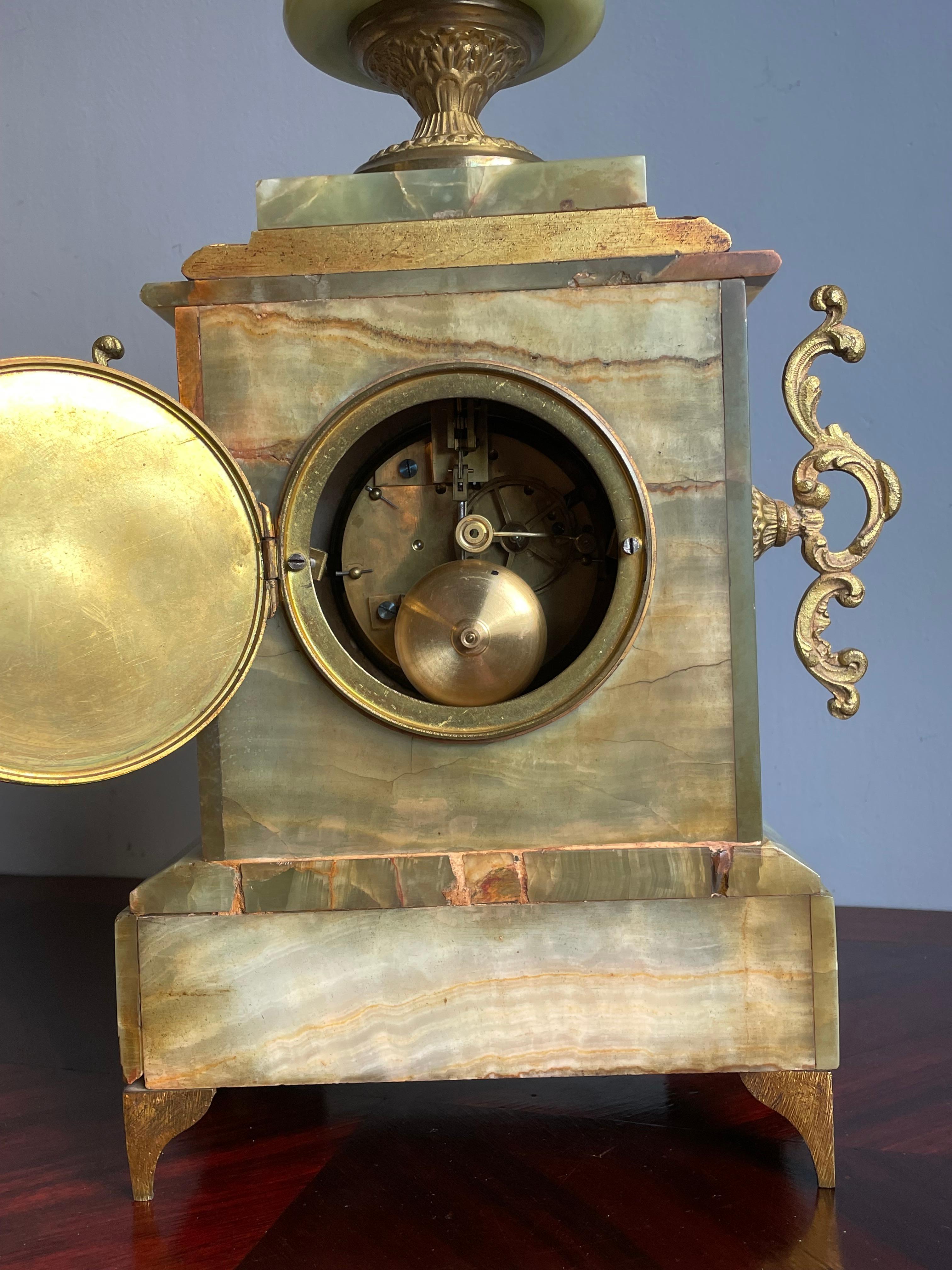 Antique Onyx and Gilt Bronze & Brass Mantel or Table Clock w. Enameled Dial Face For Sale 3