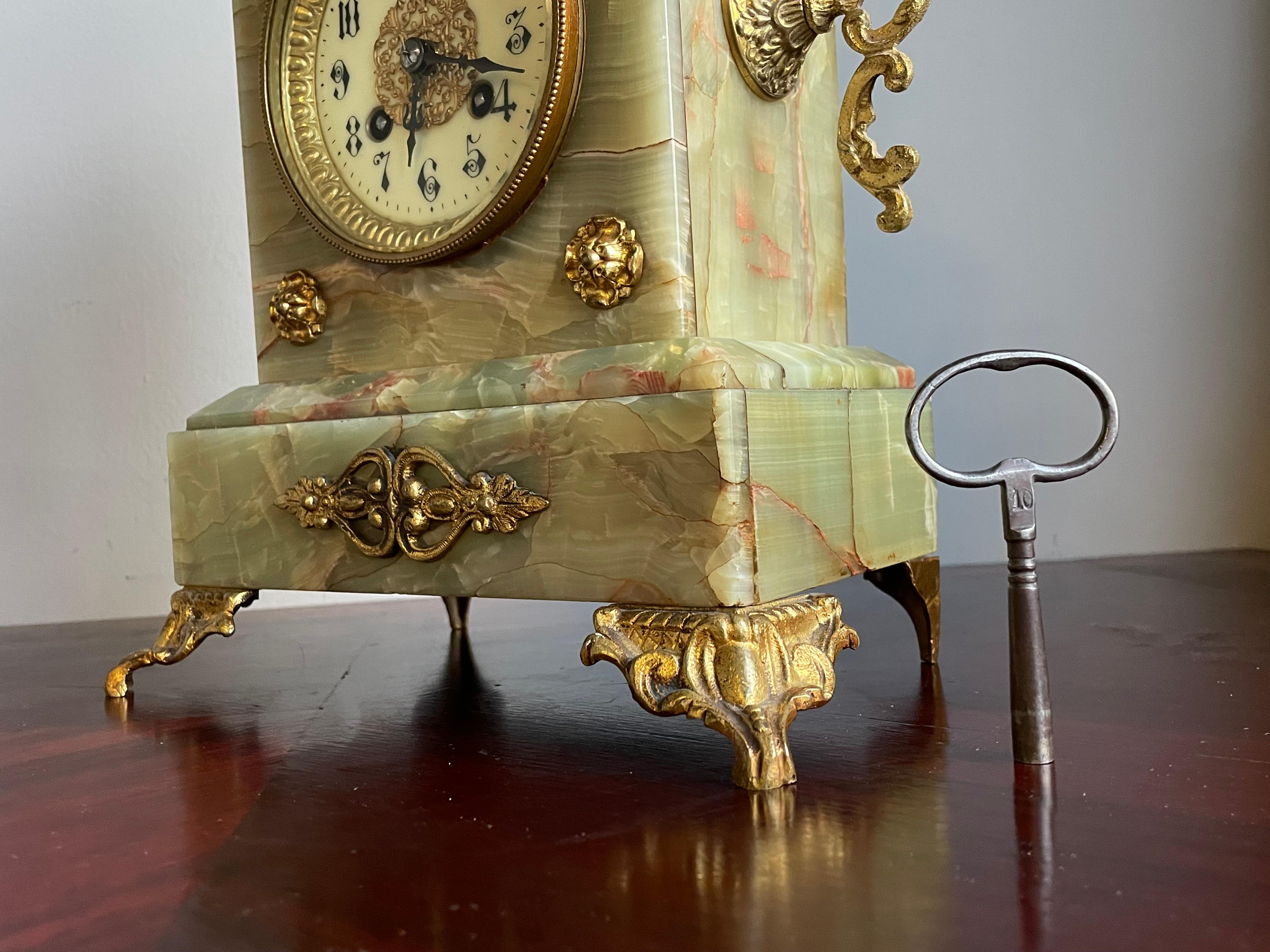 Antique Onyx and Gilt Bronze & Brass Mantel or Table Clock w. Enameled Dial Face For Sale 6