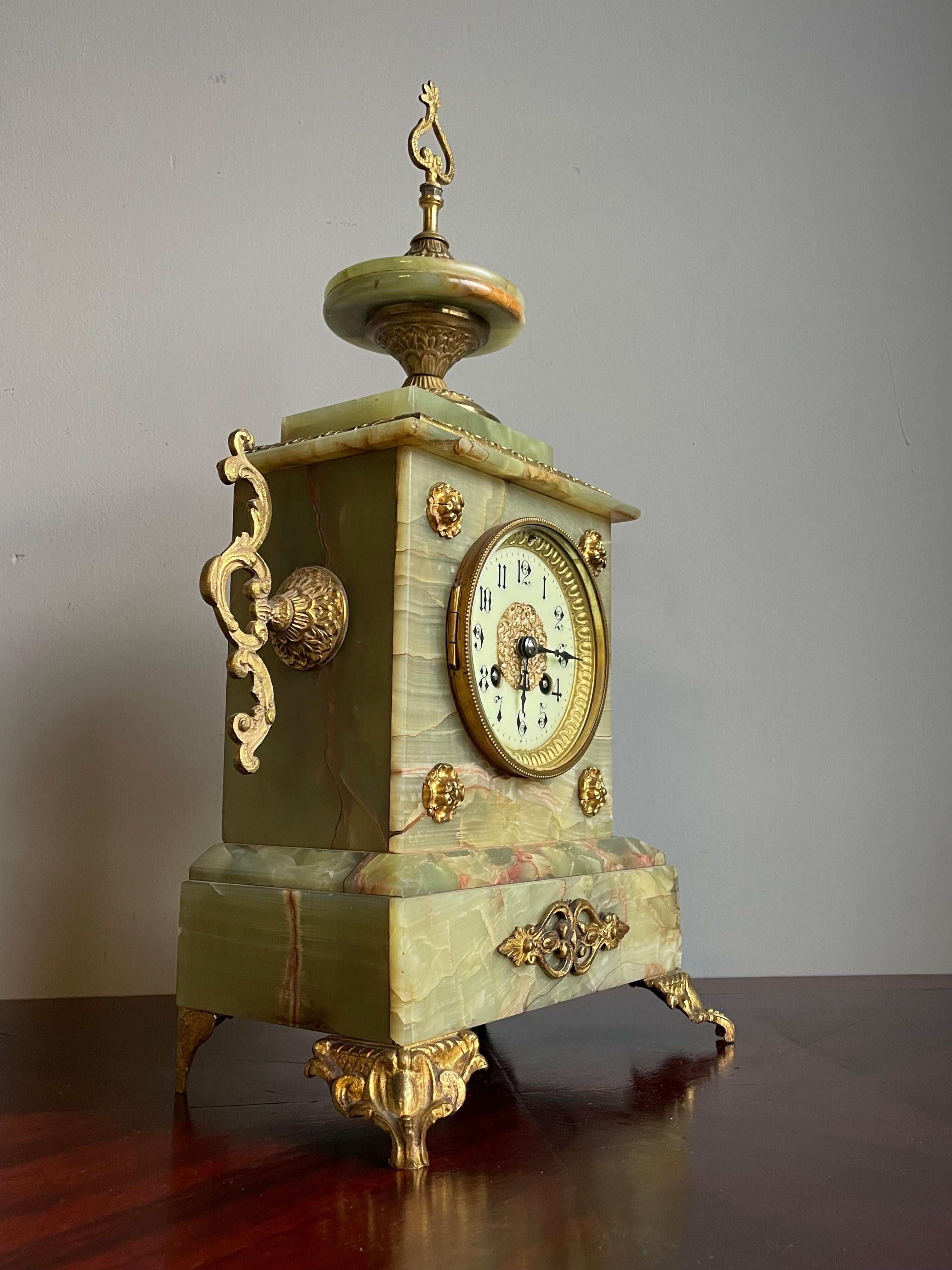 Antique Onyx and Gilt Bronze & Brass Mantel or Table Clock w. Enameled Dial Face For Sale 9