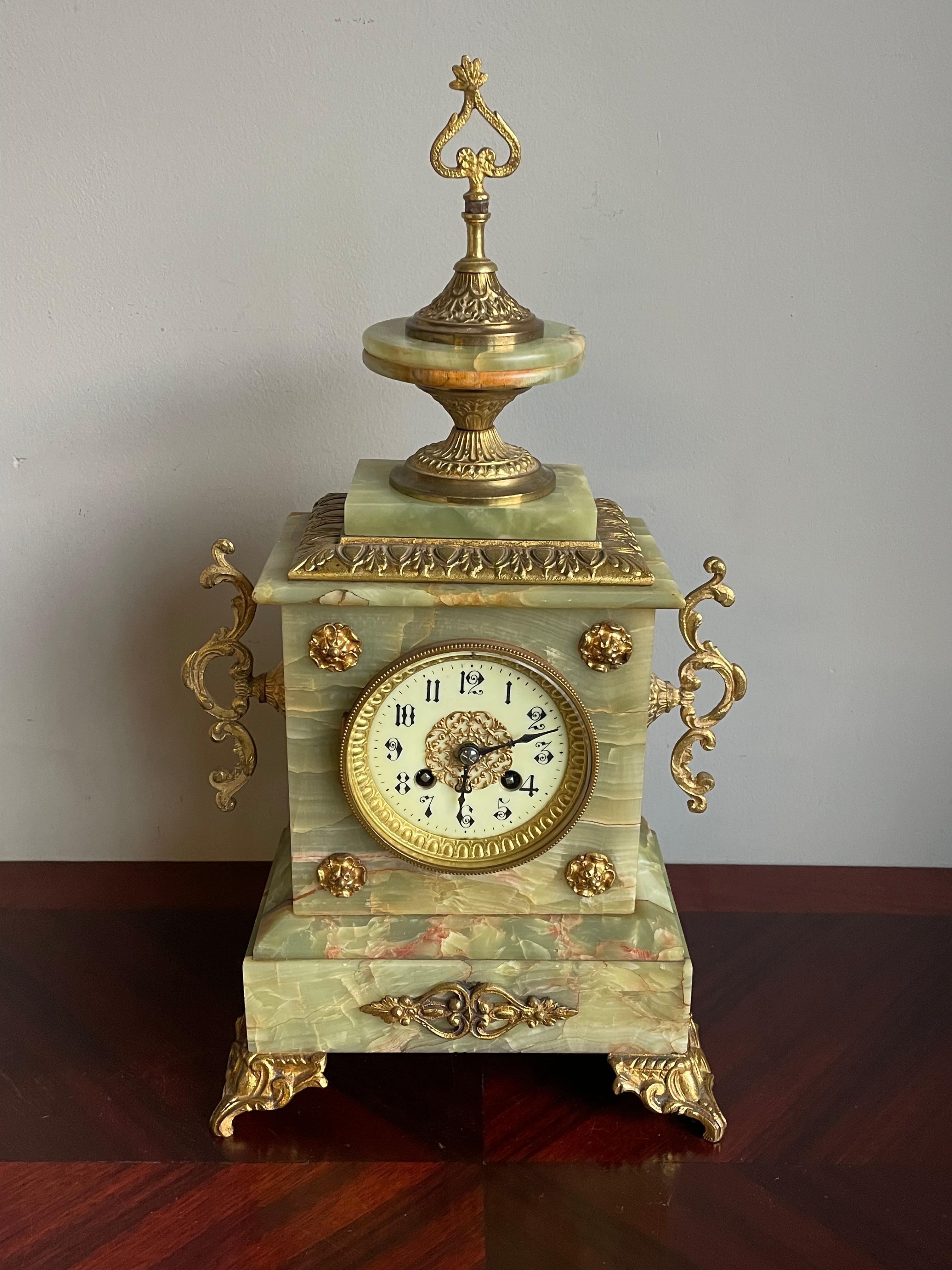 Antique Onyx and Gilt Bronze & Brass Mantel or Table Clock w. Enameled Dial Face For Sale 10
