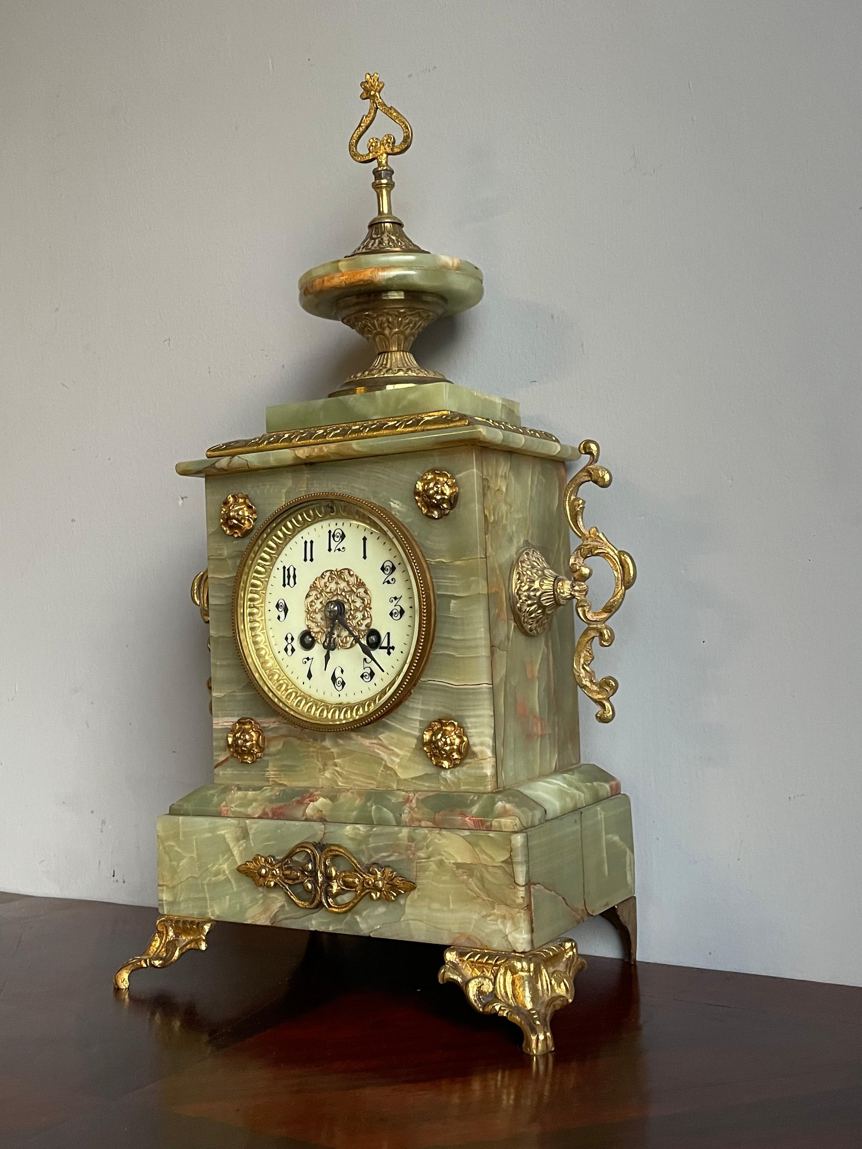 Antique Onyx and Gilt Bronze & Brass Mantel or Table Clock w. Enameled Dial Face For Sale 11