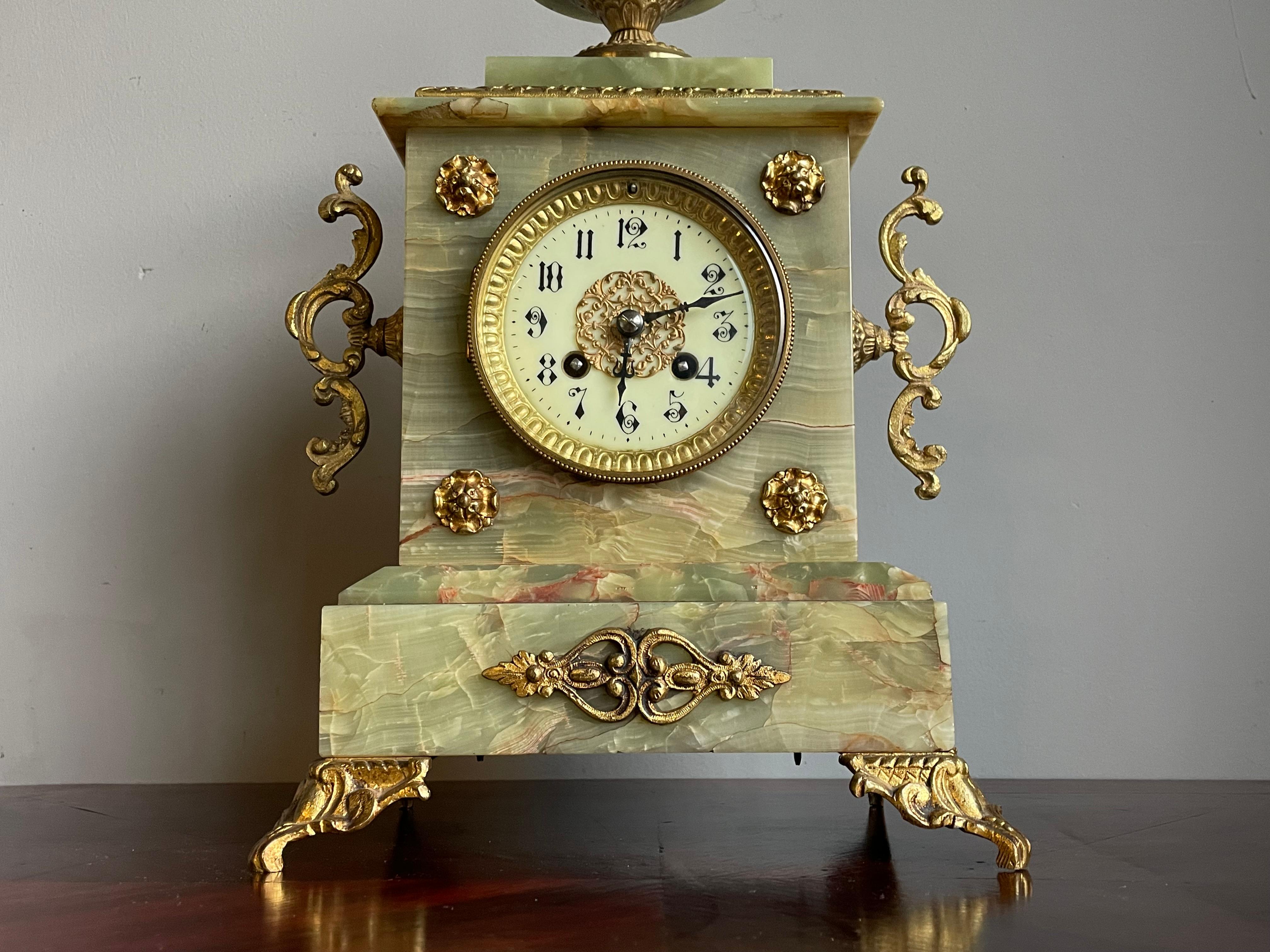 Arts and Crafts Antique Onyx and Gilt Bronze & Brass Mantel or Table Clock w. Enameled Dial Face For Sale