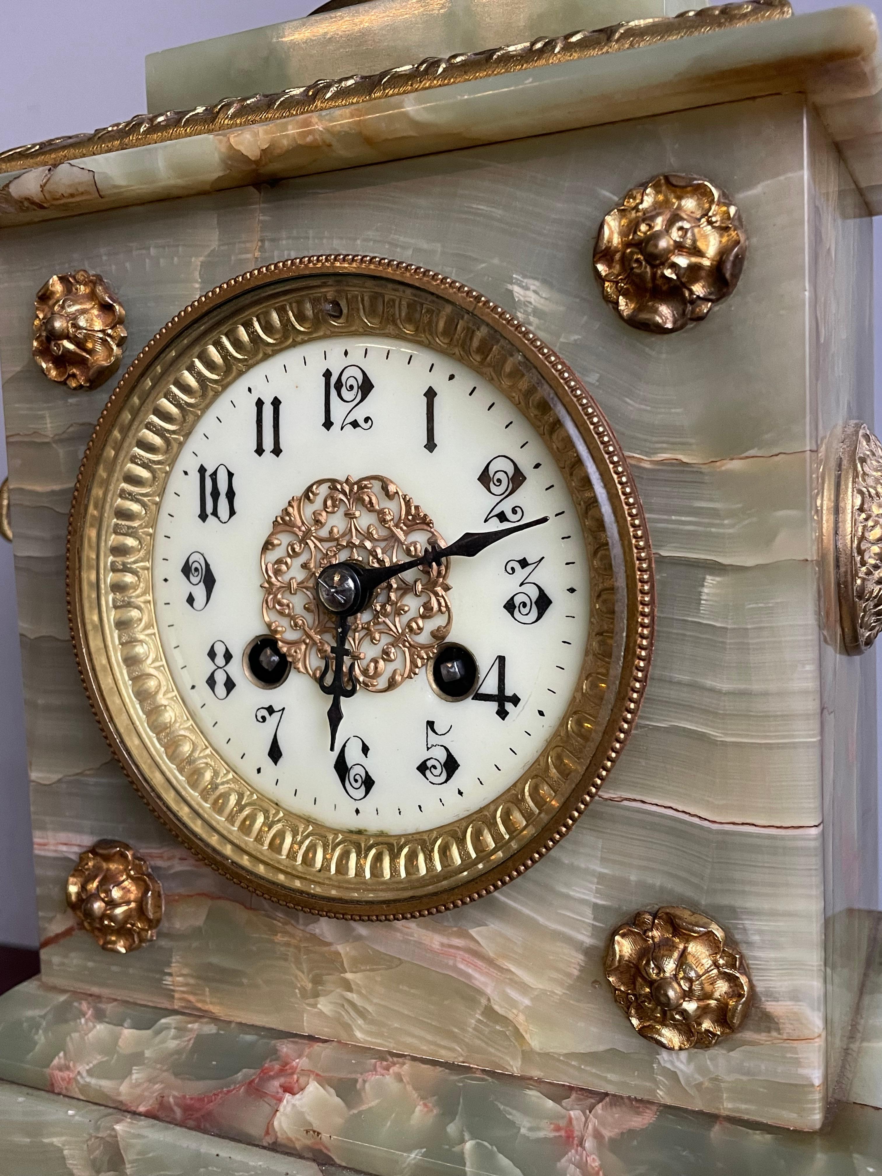 French Antique Onyx and Gilt Bronze & Brass Mantel or Table Clock w. Enameled Dial Face For Sale