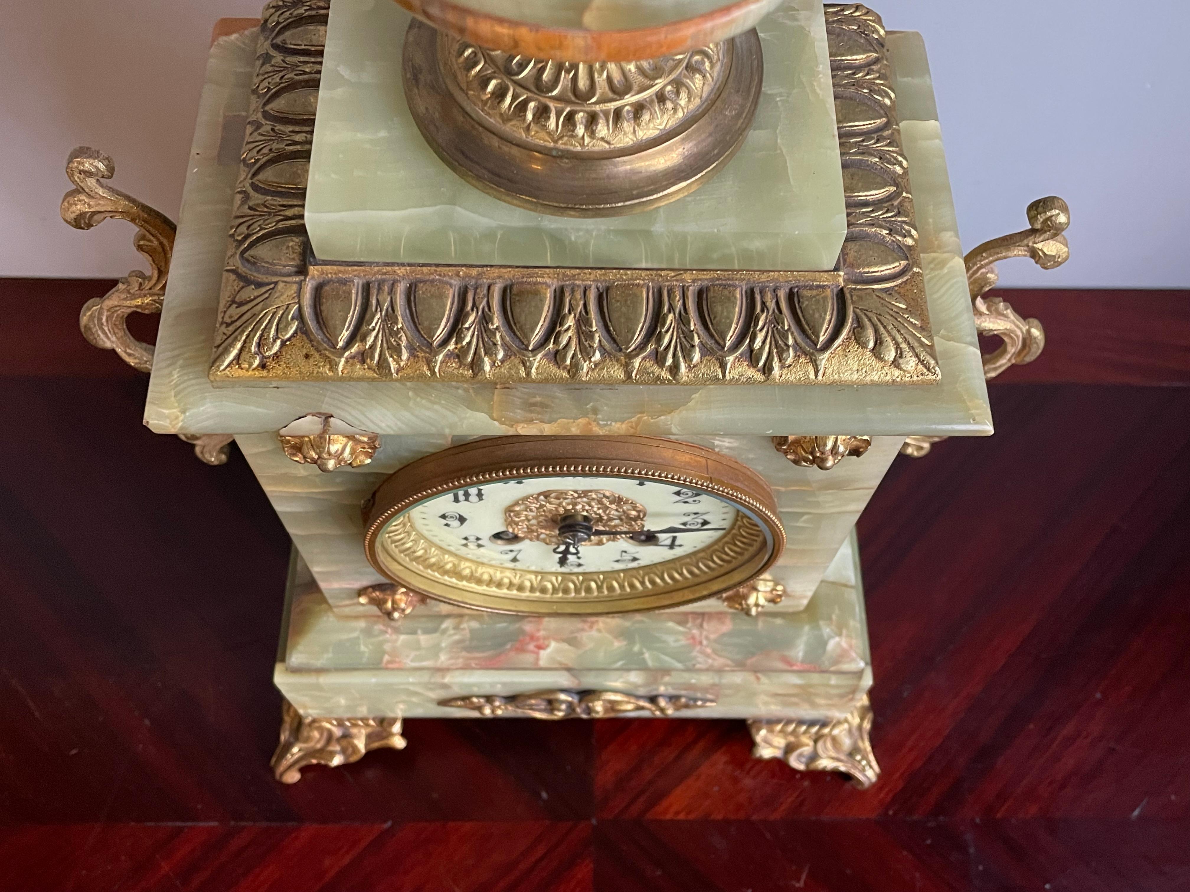 Hand-Painted Antique Onyx and Gilt Bronze & Brass Mantel or Table Clock w. Enameled Dial Face For Sale