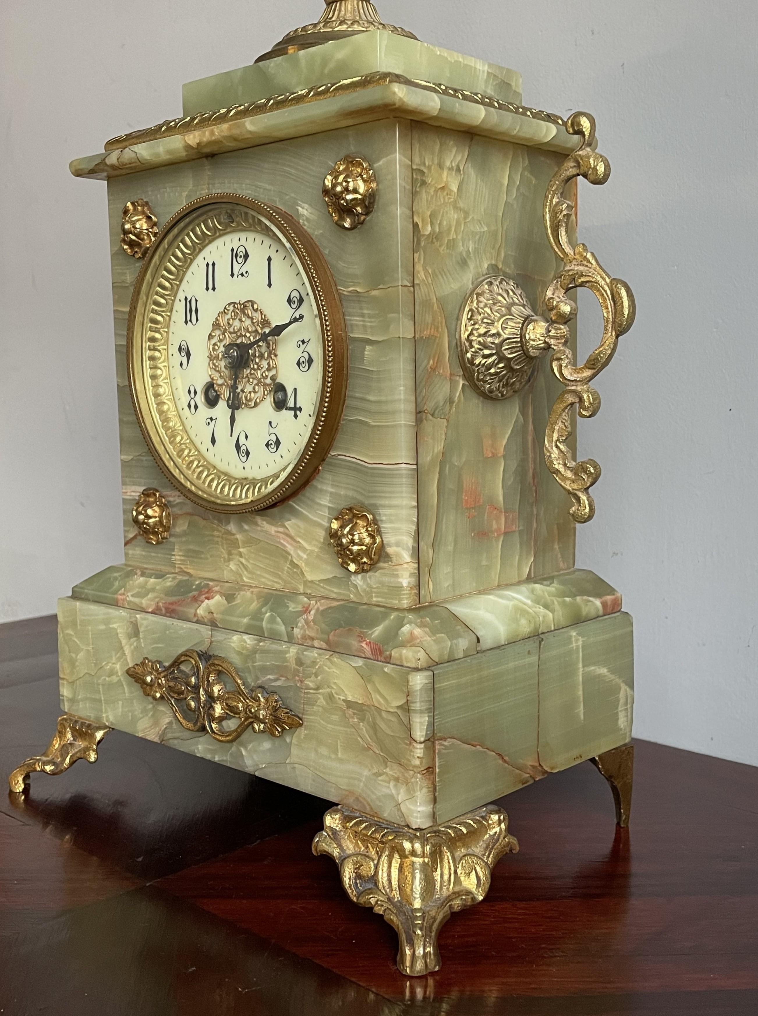 20th Century Antique Onyx and Gilt Bronze & Brass Mantel or Table Clock w. Enameled Dial Face For Sale