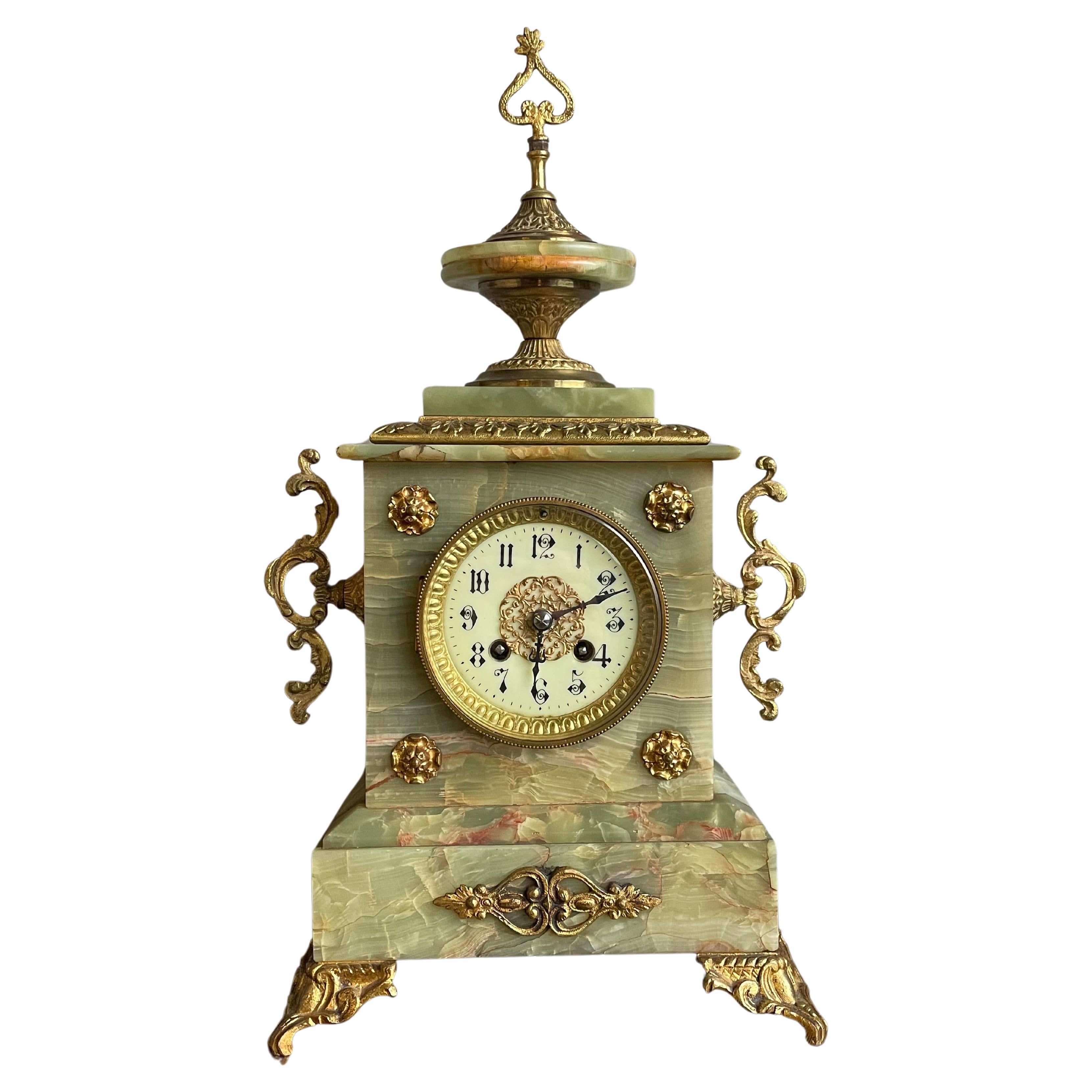 Antique Onyx and Gilt Bronze & Brass Mantel or Table Clock w. Enameled Dial Face For Sale