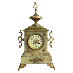 Antique Onyx and Gilt Bronze & Brass Mantel or Table Clock w. Enameled Dial Face