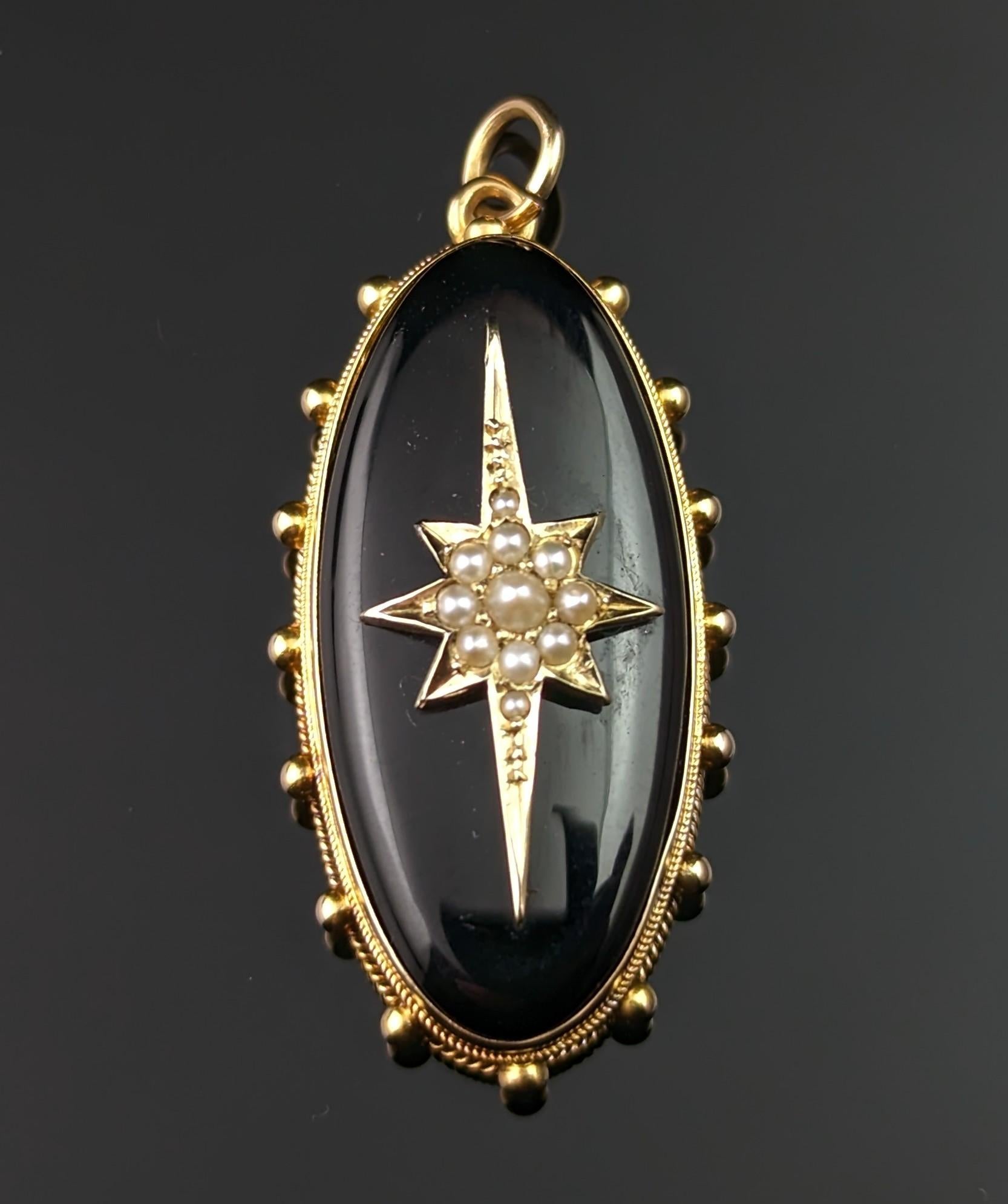 Antique Onyx and Pearl Mourning Locket, Star, 9k Gold 5