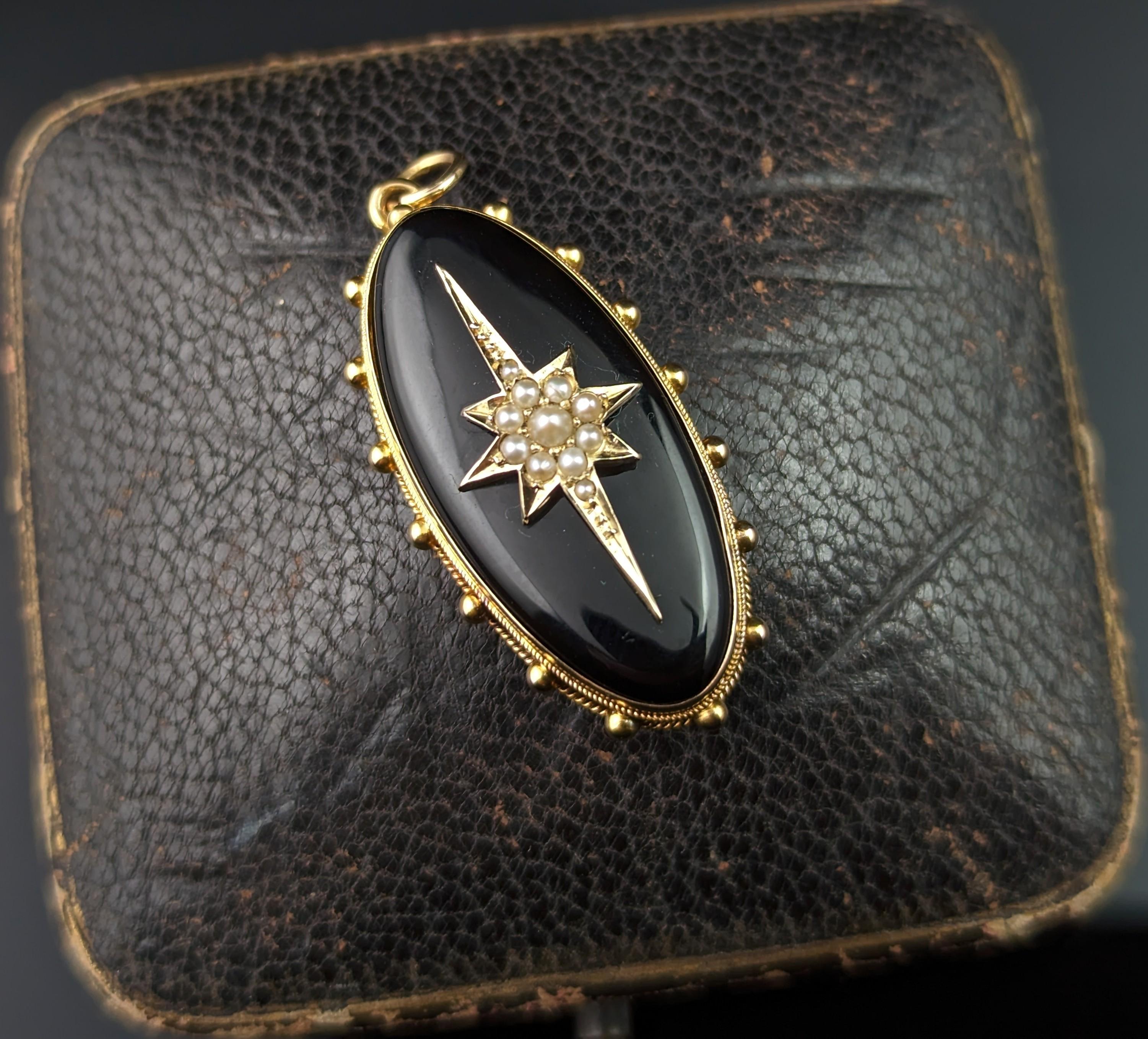 Antique Onyx and Pearl Mourning Locket, Star, 9k Gold 6