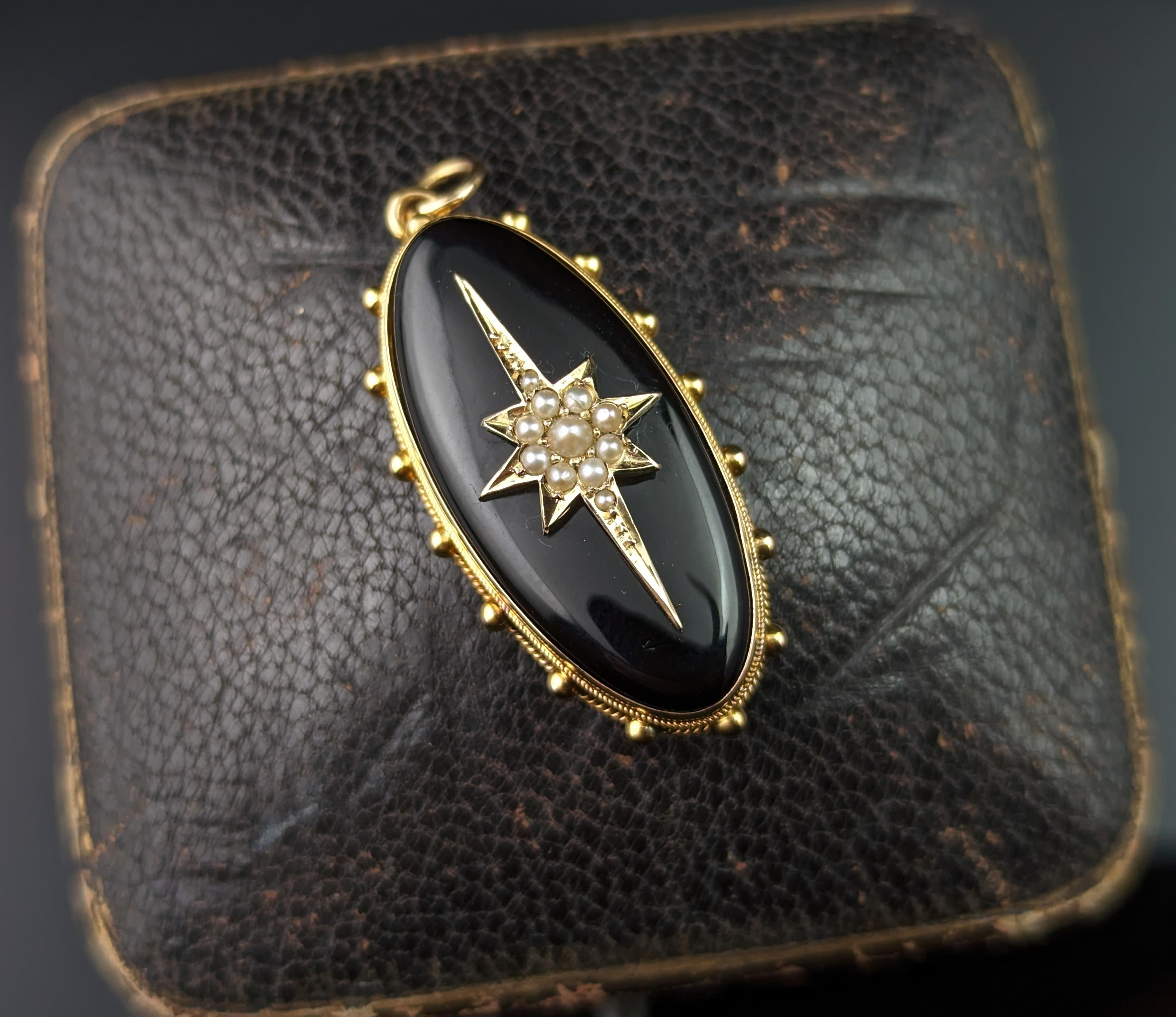 Antique Onyx and Pearl Mourning Locket, Star, 9k Gold 7