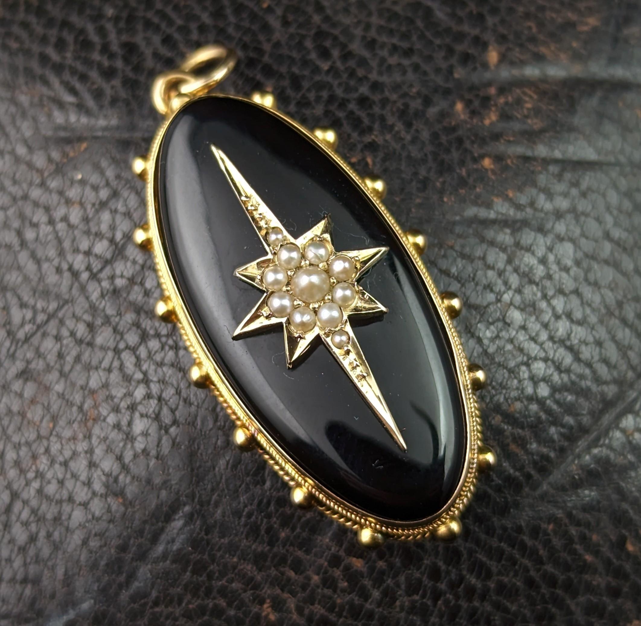 Antique Onyx and Pearl Mourning Locket, Star, 9k Gold 8