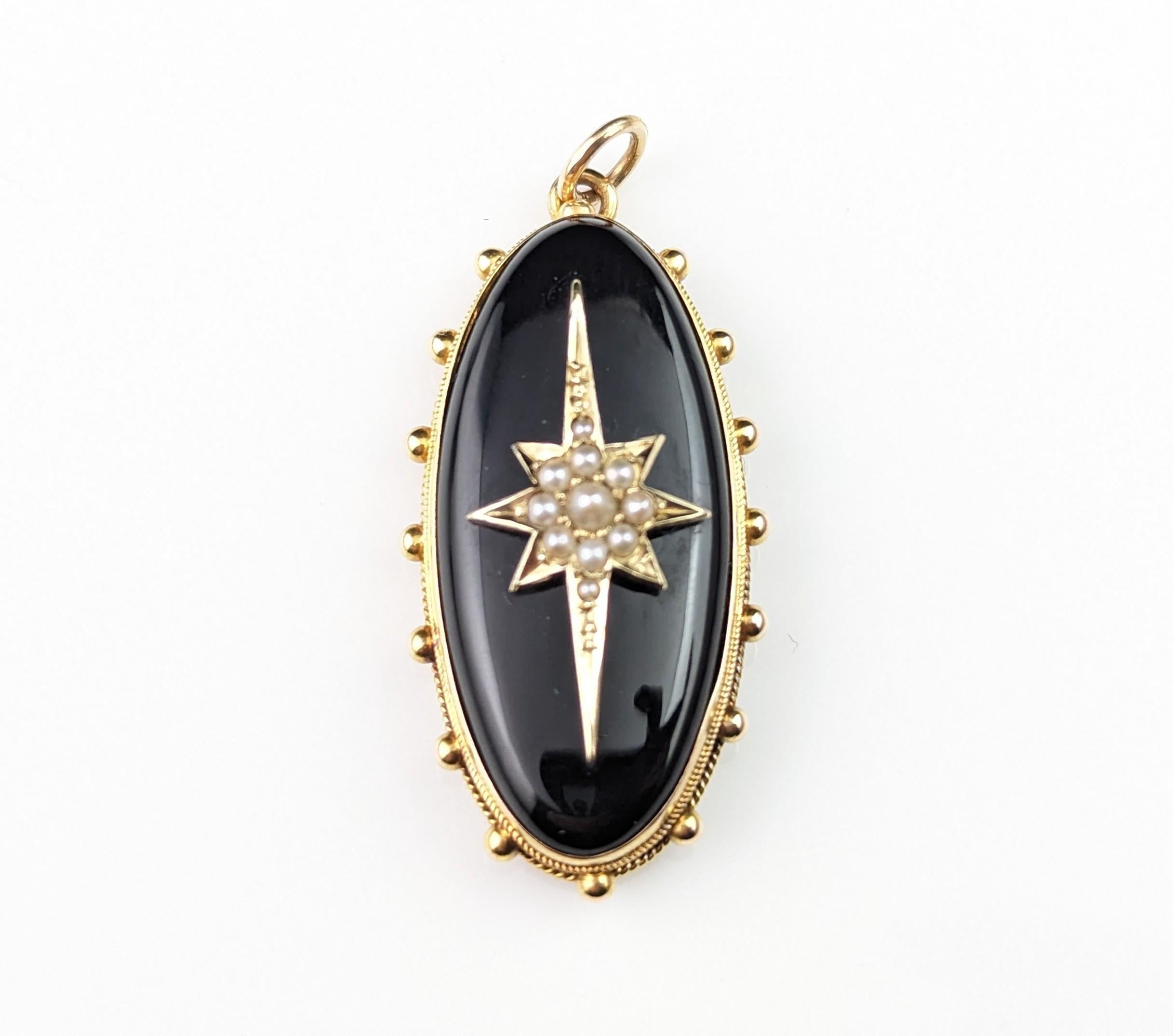 Antique Onyx and Pearl Mourning Locket, Star, 9k Gold 11