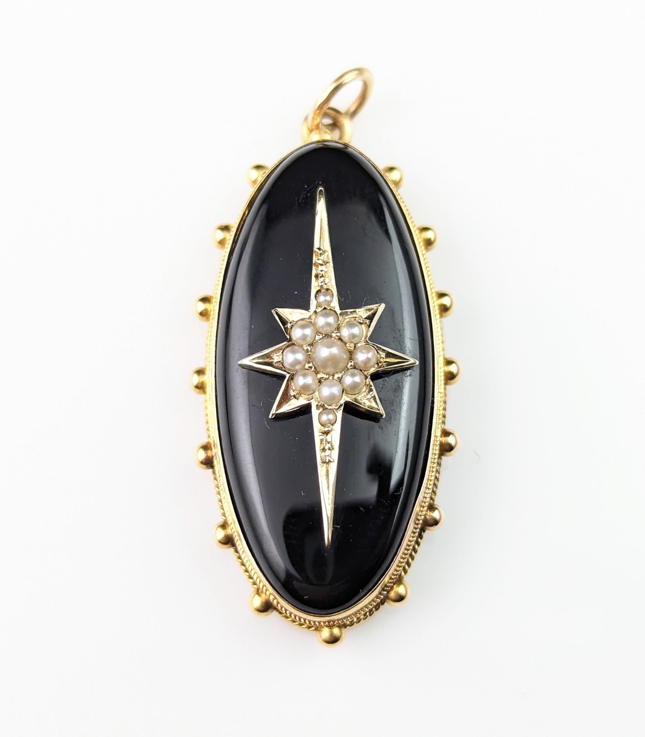 Antique Onyx and Pearl Mourning Locket, Star, 9k Gold 12