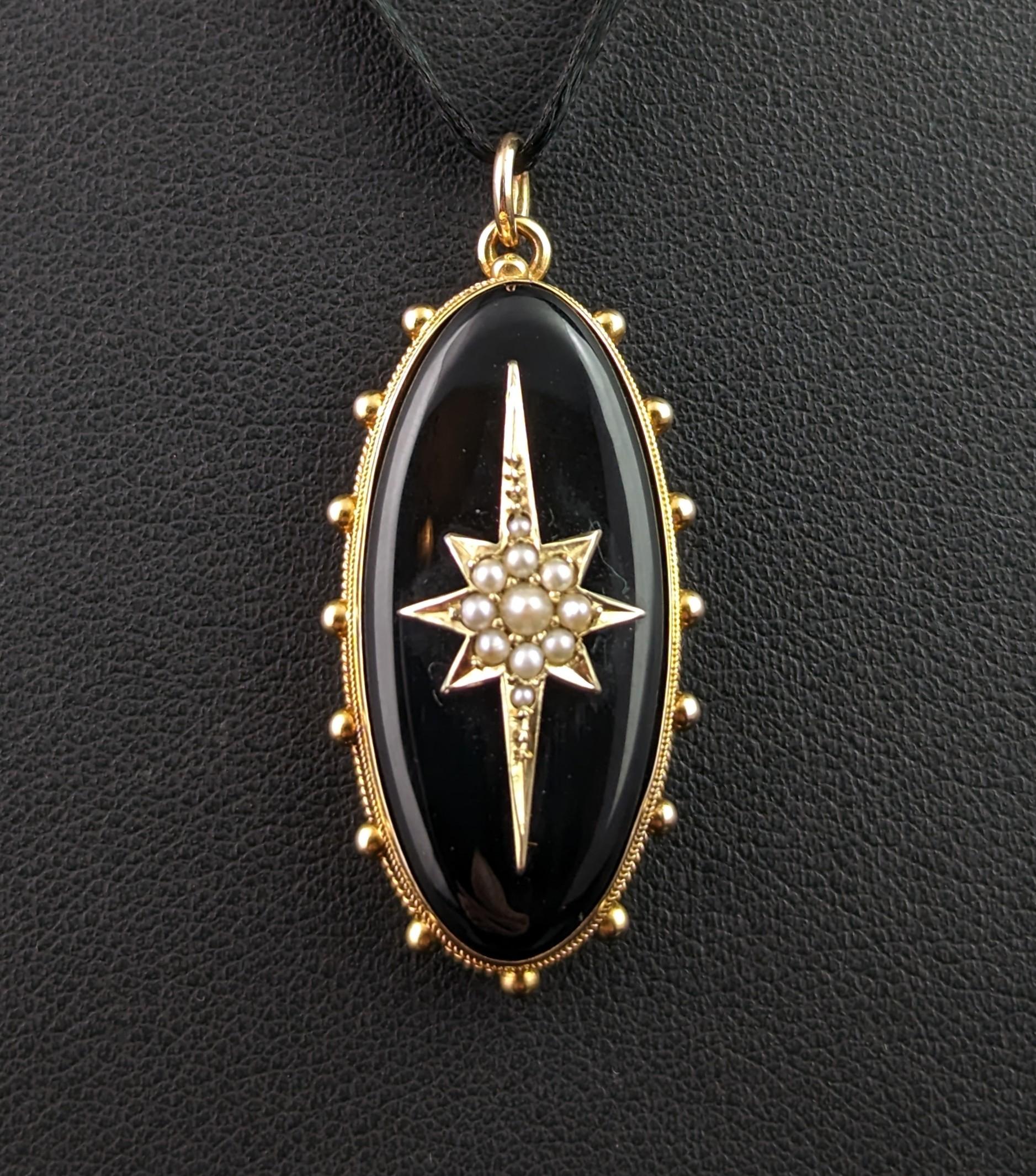 Women's Antique Onyx and Pearl Mourning Locket, Star, 9k Gold
