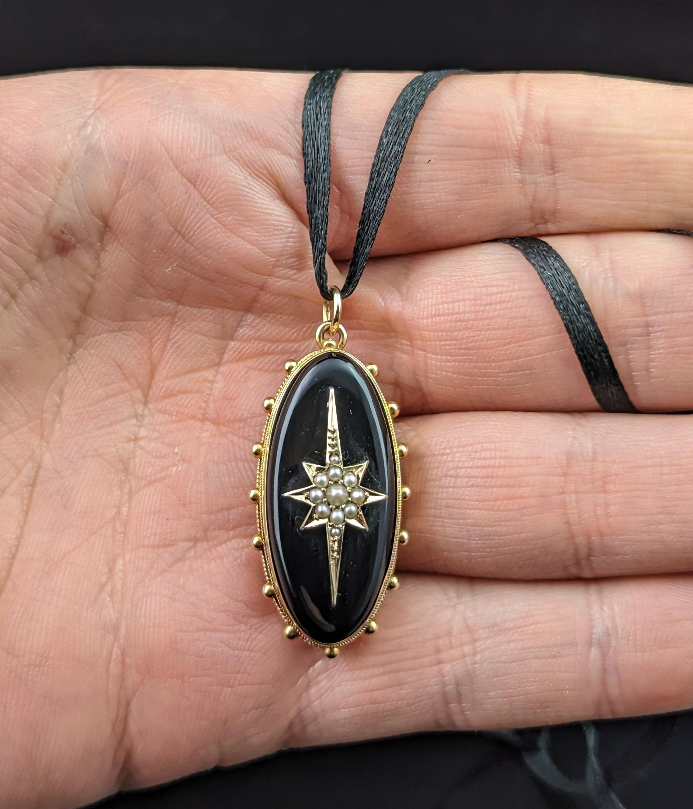 Antique Onyx and Pearl Mourning Locket, Star, 9k Gold 2