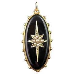 Antique Onyx and Pearl Mourning Locket, Star, 9k Gold