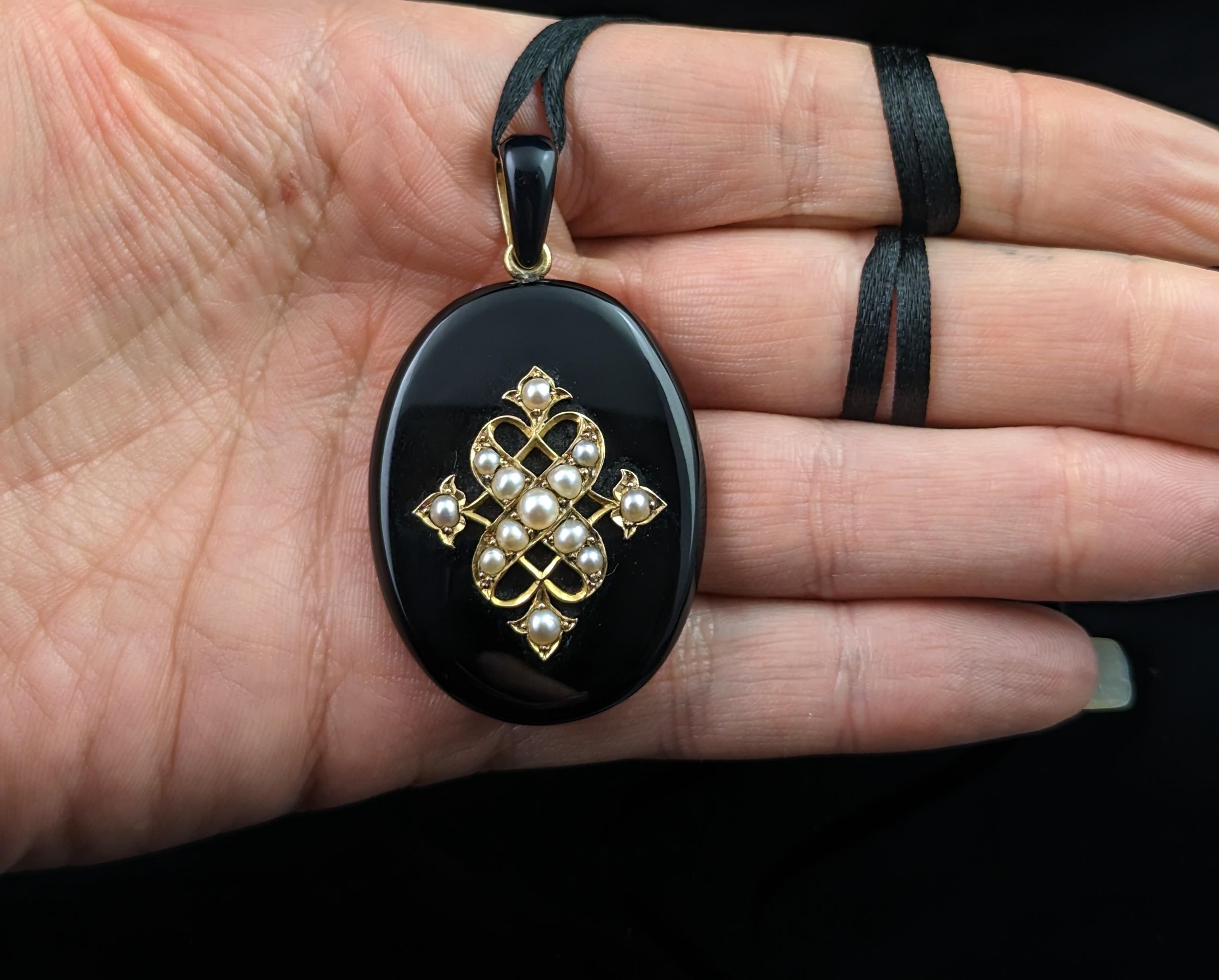 Antique Onyx and Pearl Mourning Locket, Victorian Pendant, 9k Gold 11