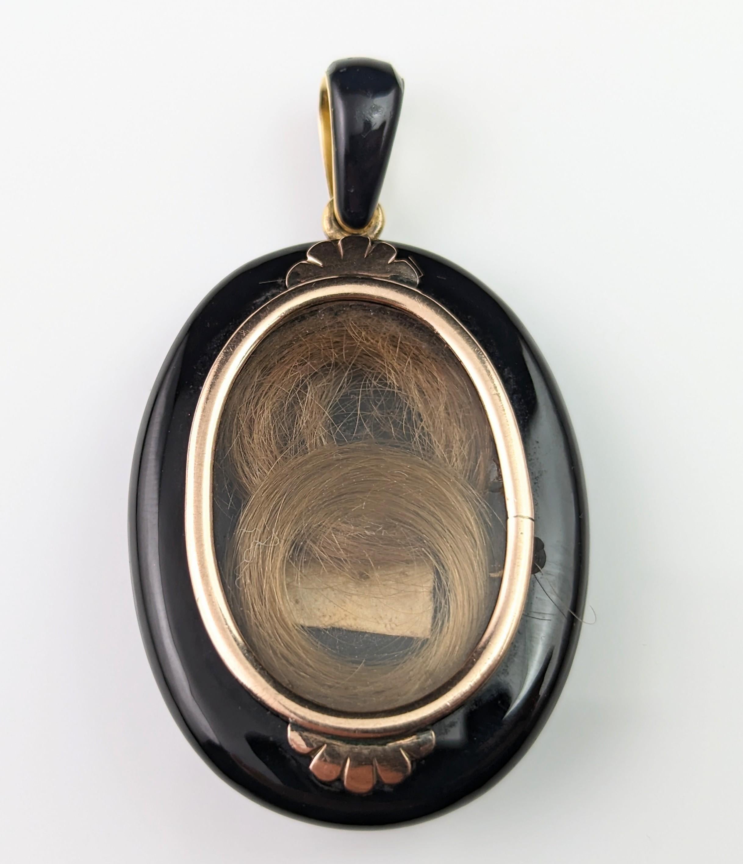 Antique Onyx and Pearl Mourning Locket, Victorian Pendant, 9k Gold 13