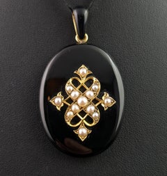 Antique Onyx and Pearl Mourning Locket, Victorian Pendant, 9k Gold