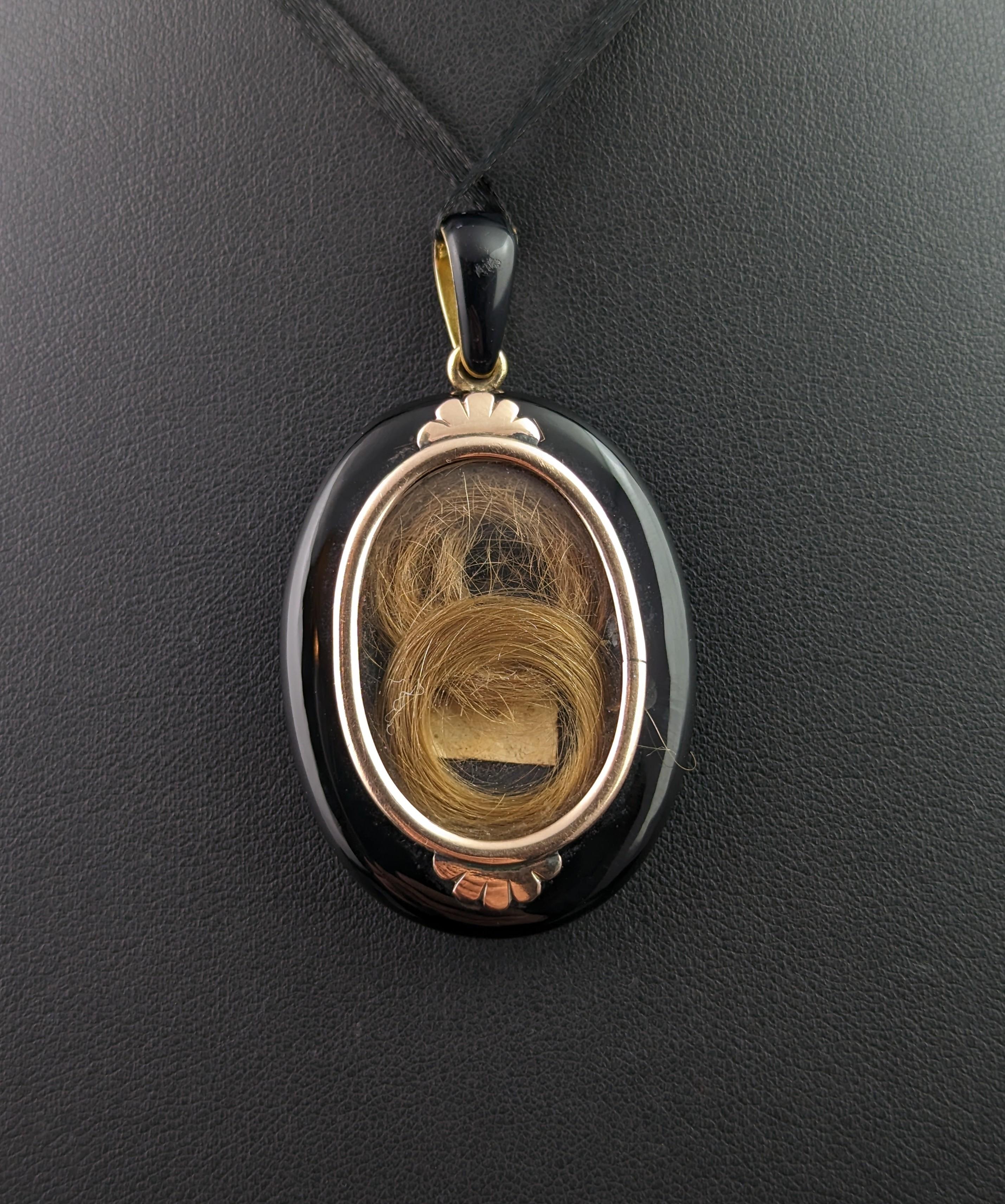 Antique Onyx and Pearl Mourning Locket, Victorian Pendant, 9k Gold 2