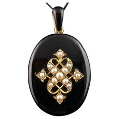 Antique Onyx and Pearl Mourning Locket, Victorian Pendant, 9k Gold