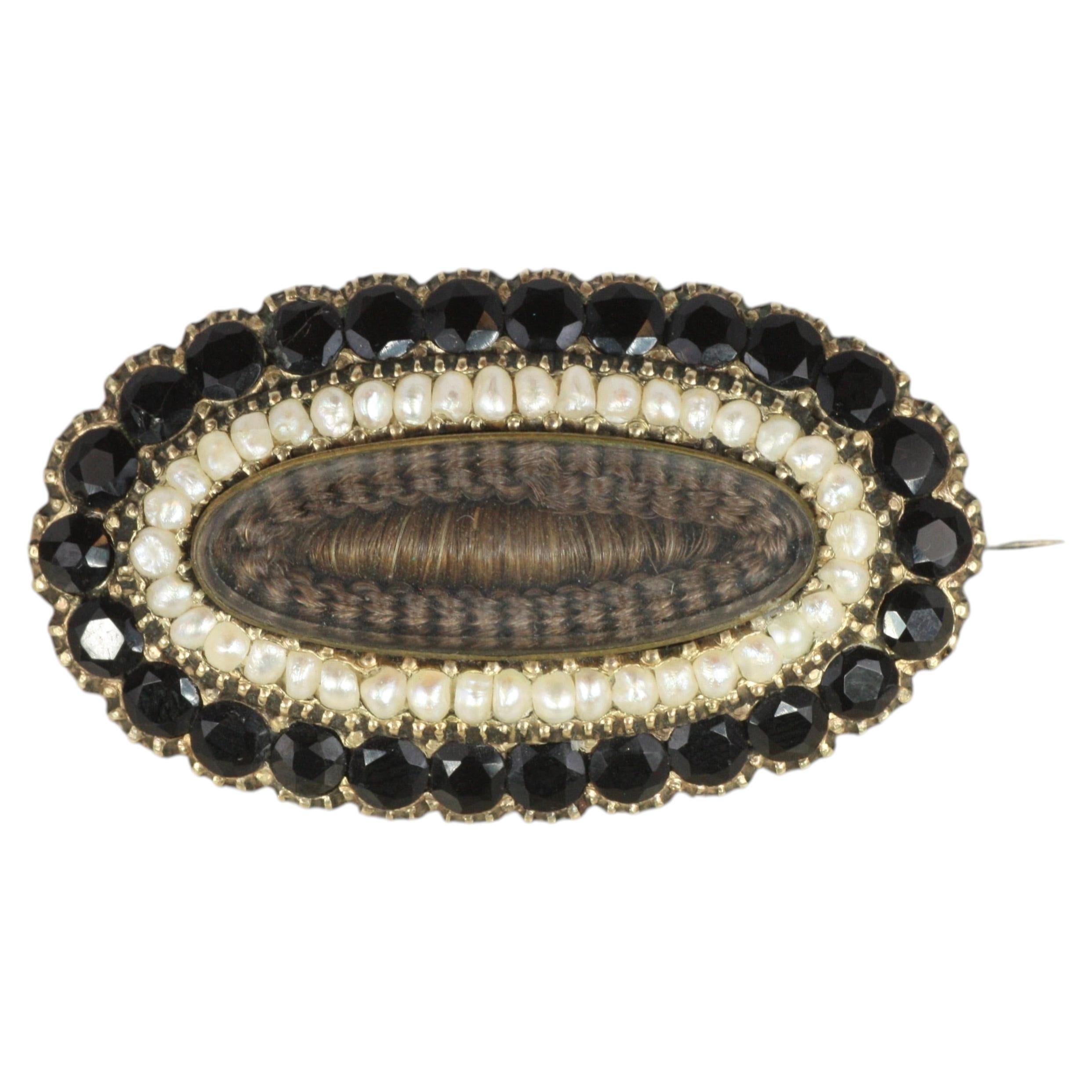 Antique Onyx and Sea Pearl Mourning Brooch