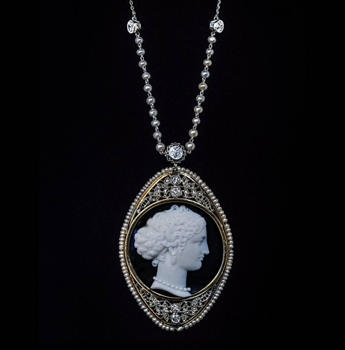 Antique Onyx Cameo Diamond Pearl Necklace In Excellent Condition In Chicago, IL