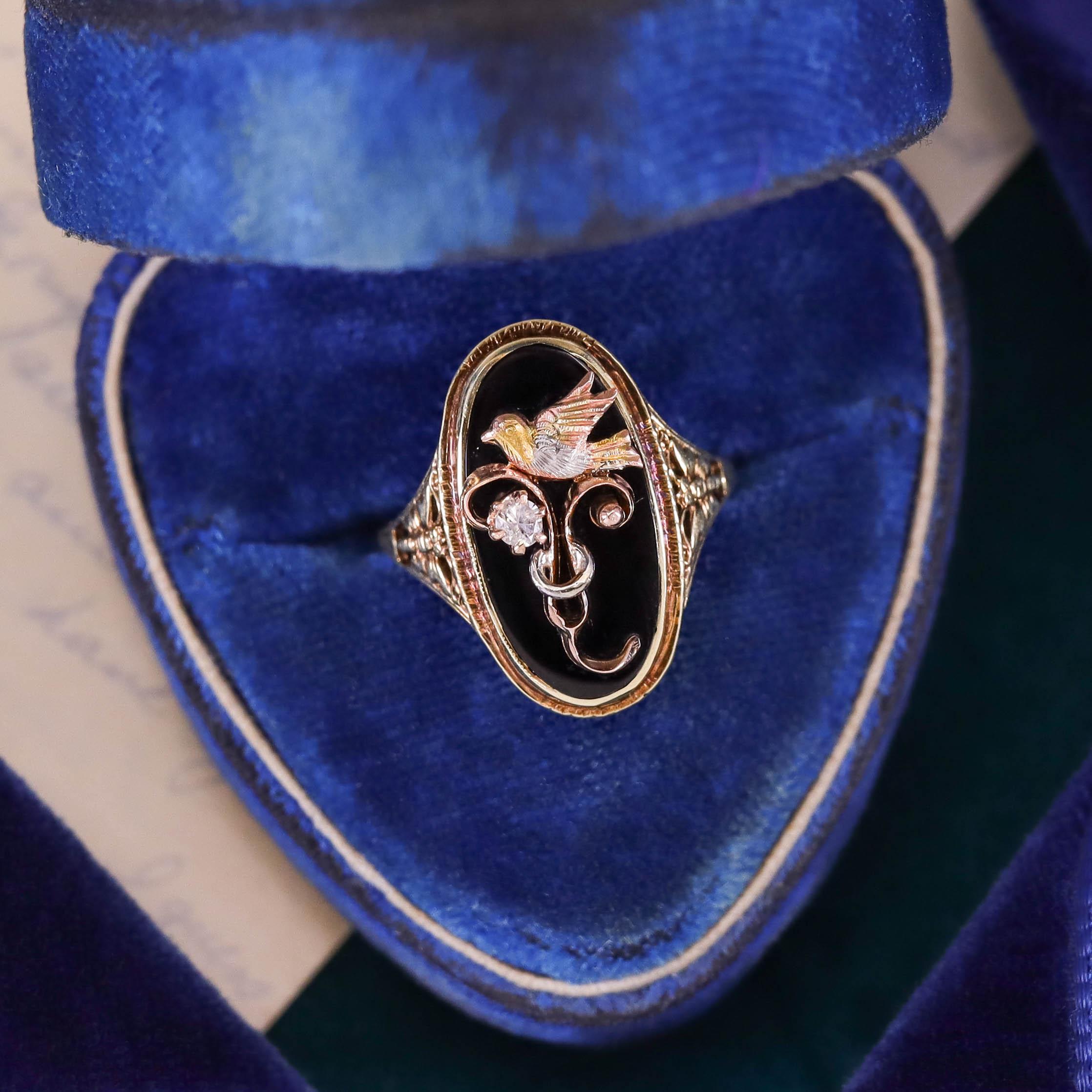De las mujeres Antiguo Anillo de Conversión de Ónix y Diamantes en Oro de 14k en venta