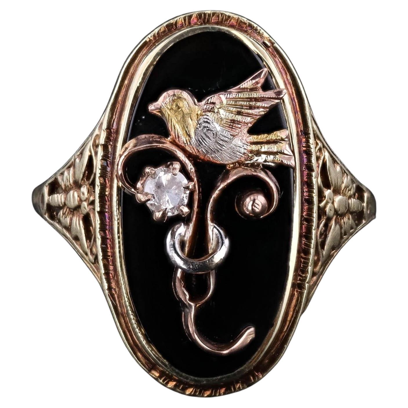 Antique Onyx & Diamond Bird Conversion Ring of 14k Gold