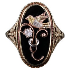 Antique Onyx & Diamond Bird Conversion Ring of 14k Gold