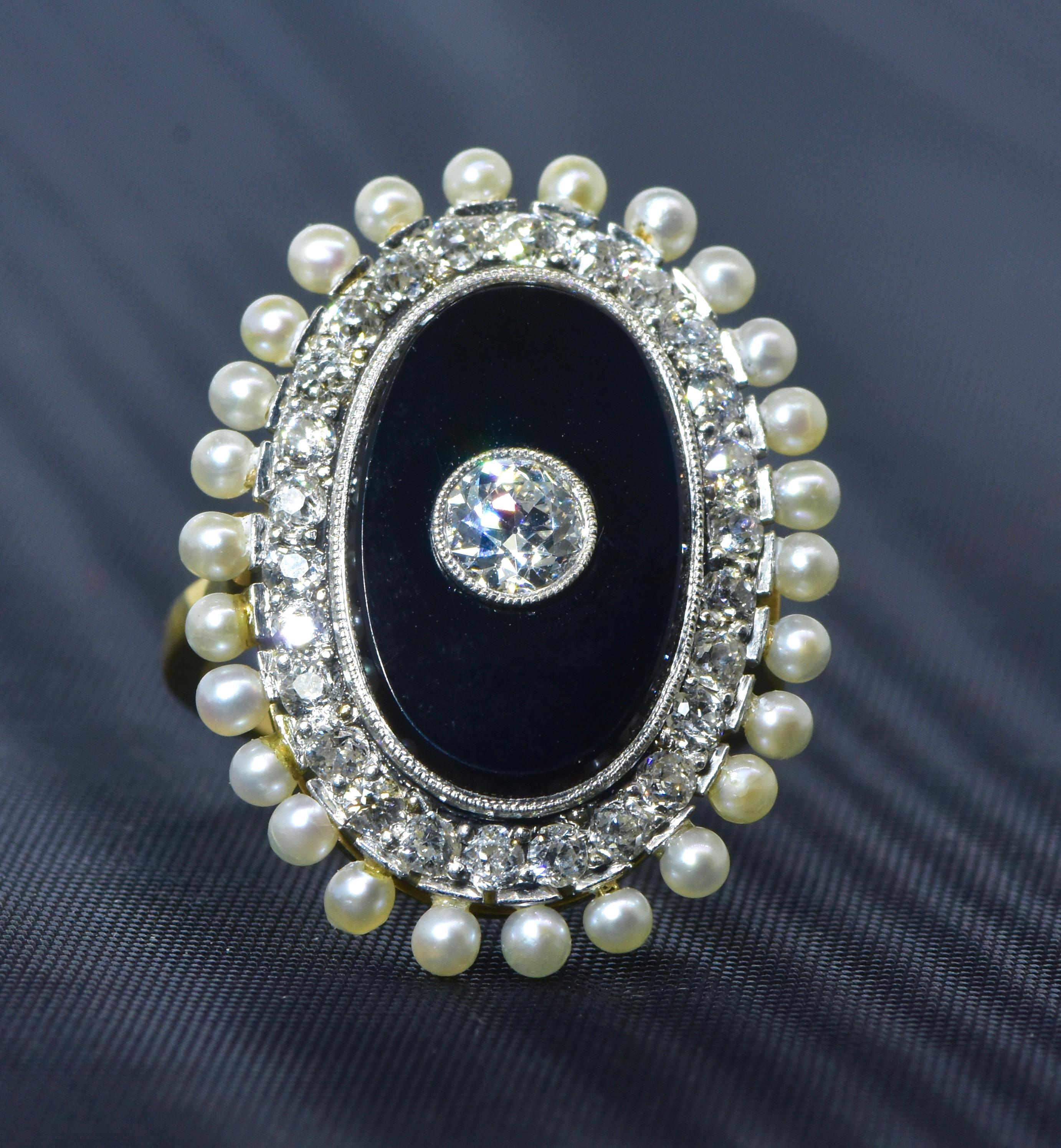 Antique Onyx, Diamond & Natural Oriental Pearl in Platinum and Gold Ring c. 1900 For Sale 1