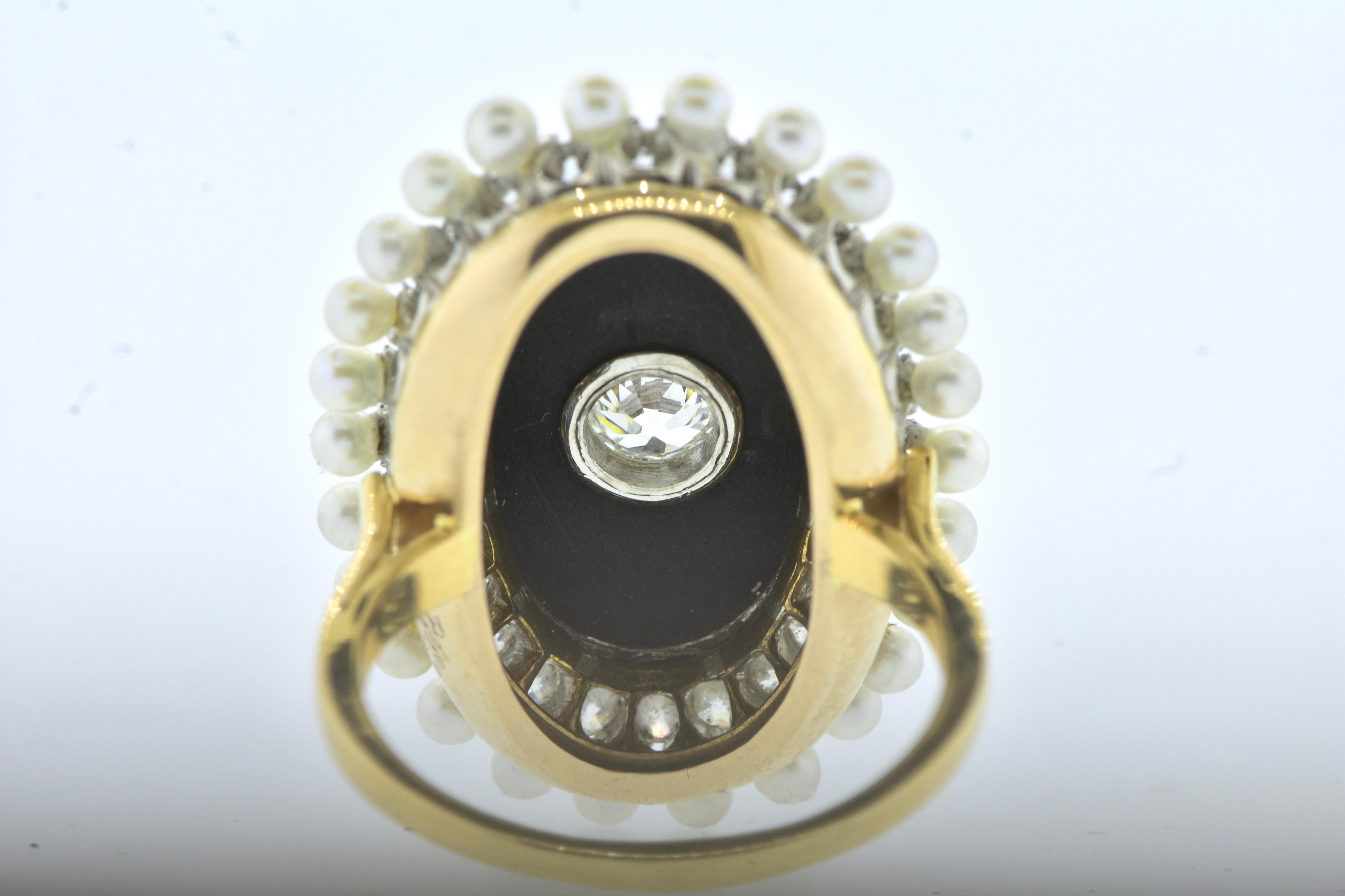 Antique Onyx, Diamond & Natural Oriental Pearl in Platinum and Gold Ring c. 1900 For Sale 2
