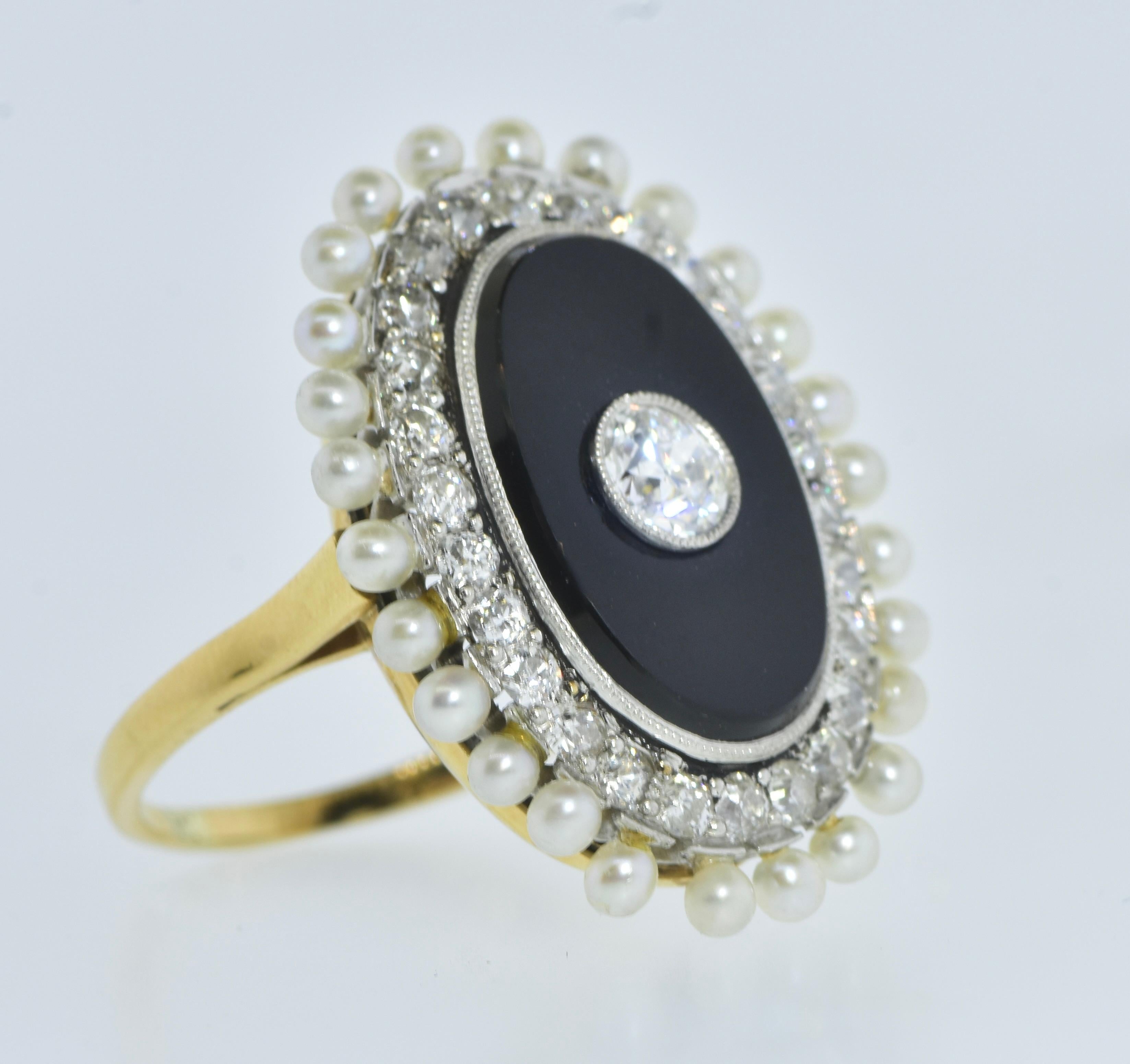 Edwardian Antique Onyx, Diamond & Natural Oriental Pearl in Platinum and Gold Ring c. 1900 For Sale