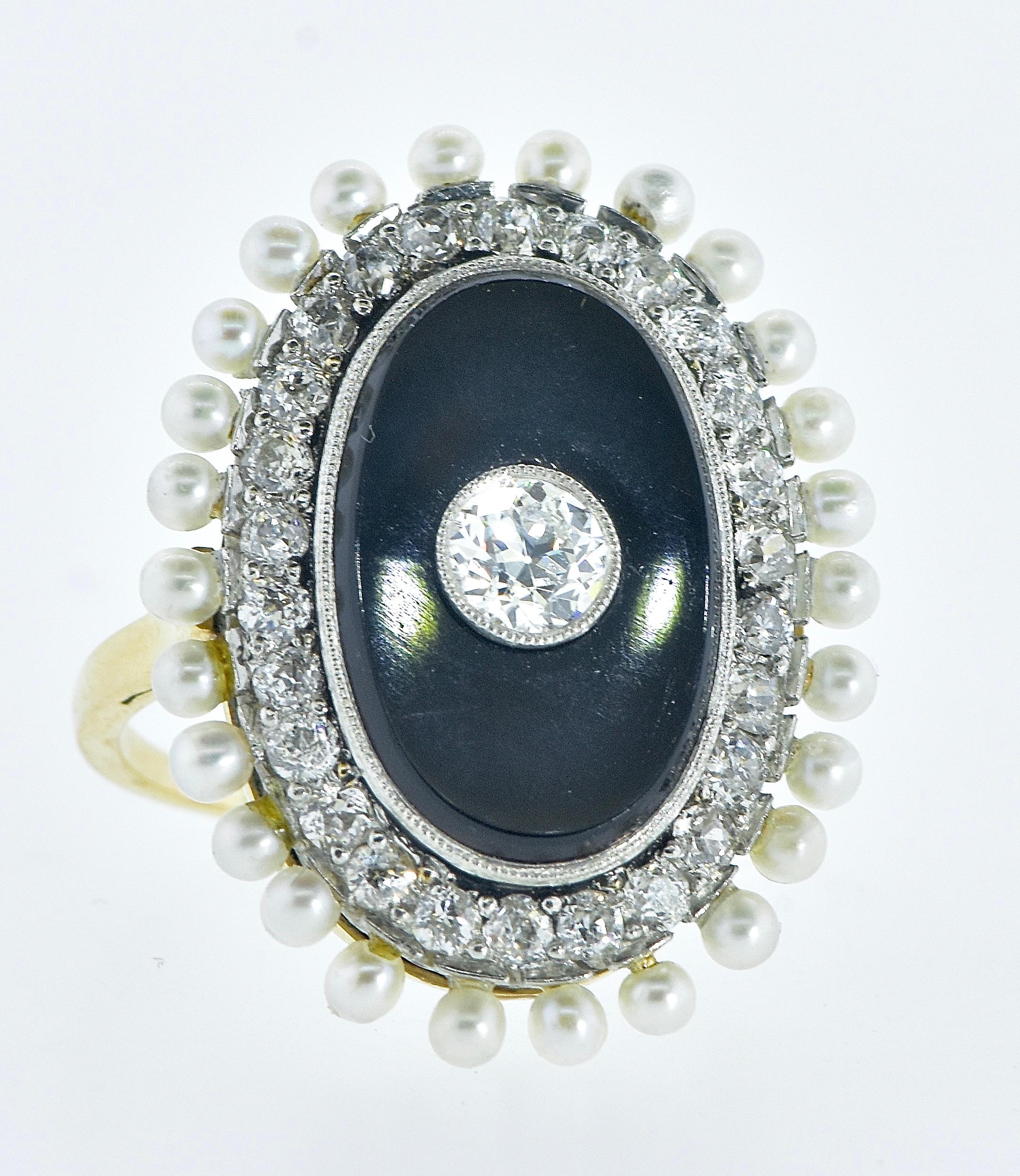 Old European Cut Antique Onyx, Diamond & Natural Oriental Pearl in Platinum and Gold Ring c. 1900 For Sale
