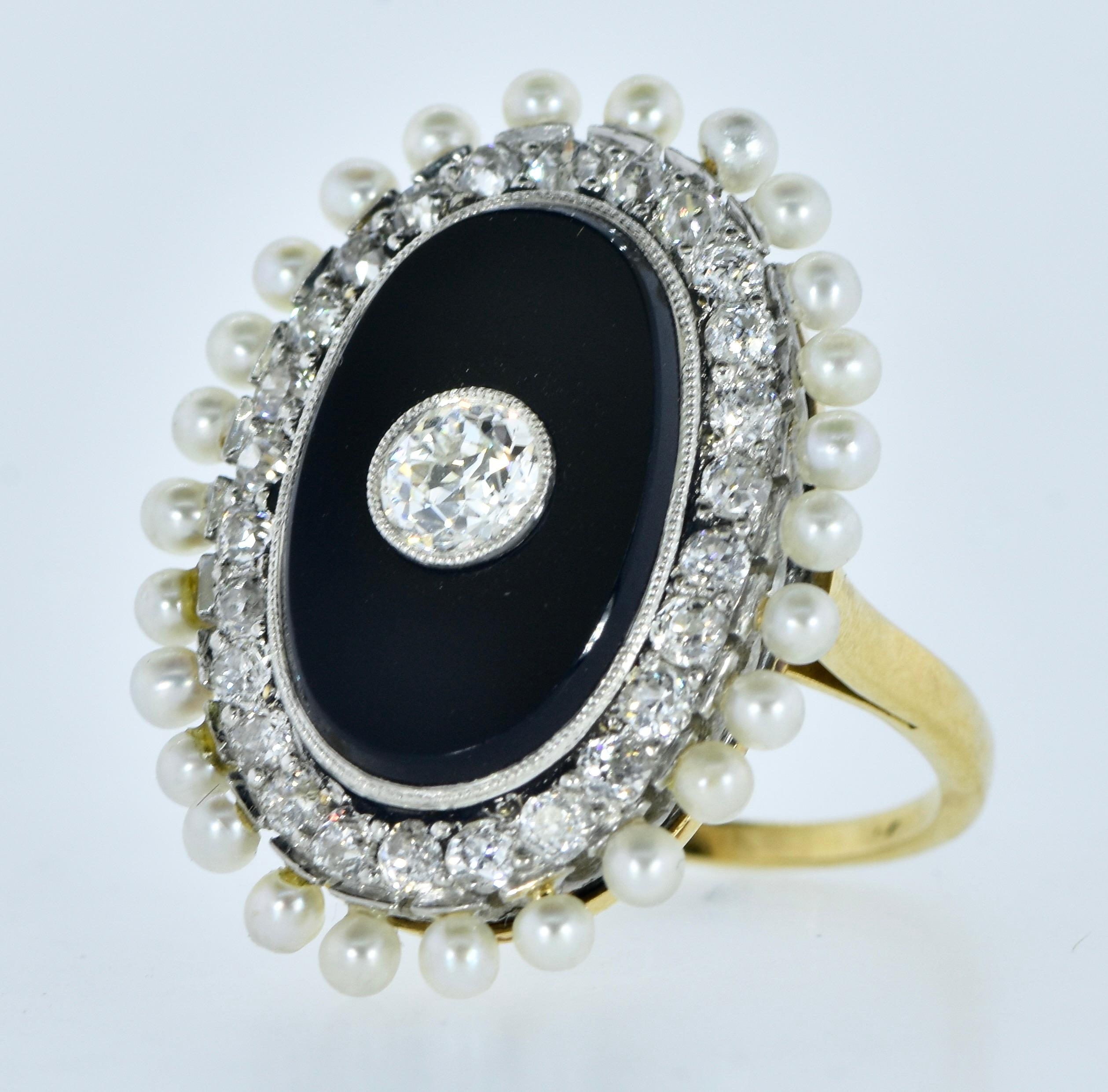 Antique Onyx, Diamond & Natural Oriental Pearl in Platinum and Gold Ring c. 1900 In Excellent Condition For Sale In Aspen, CO